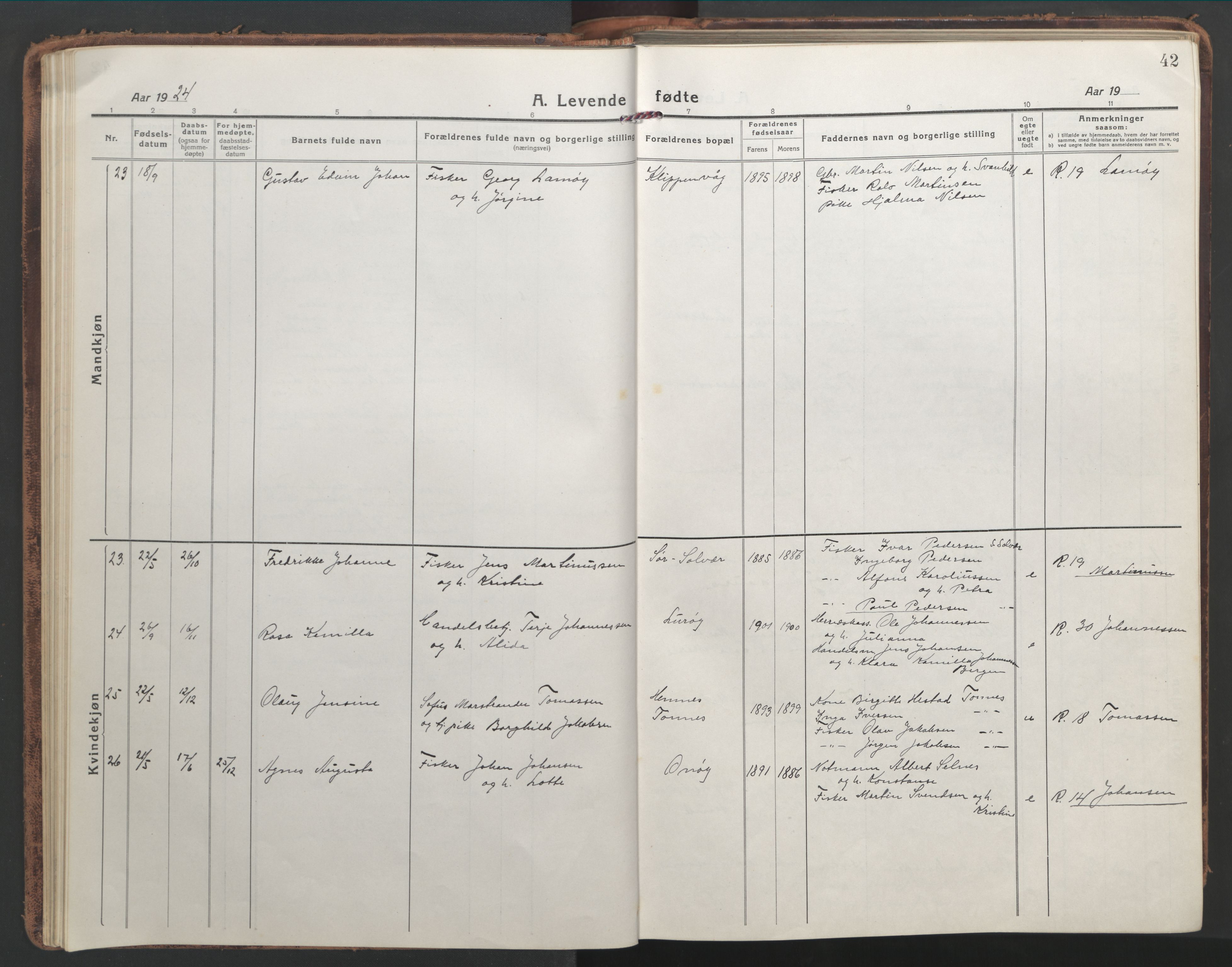 Ministerialprotokoller, klokkerbøker og fødselsregistre - Nordland, AV/SAT-A-1459/839/L0574: Parish register (copy) no. 839C04, 1918-1950, p. 42