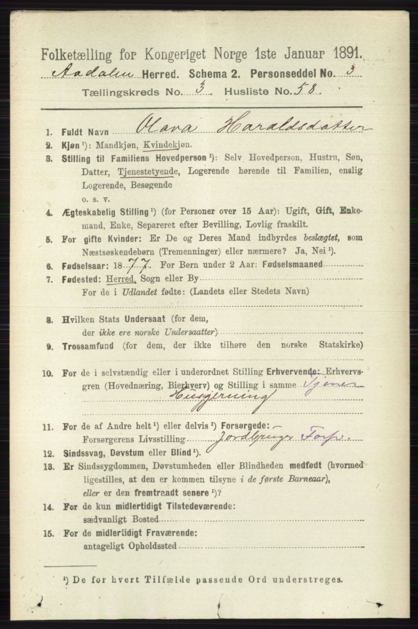 RA, 1891 census for 0614 Ådal, 1891, p. 1435