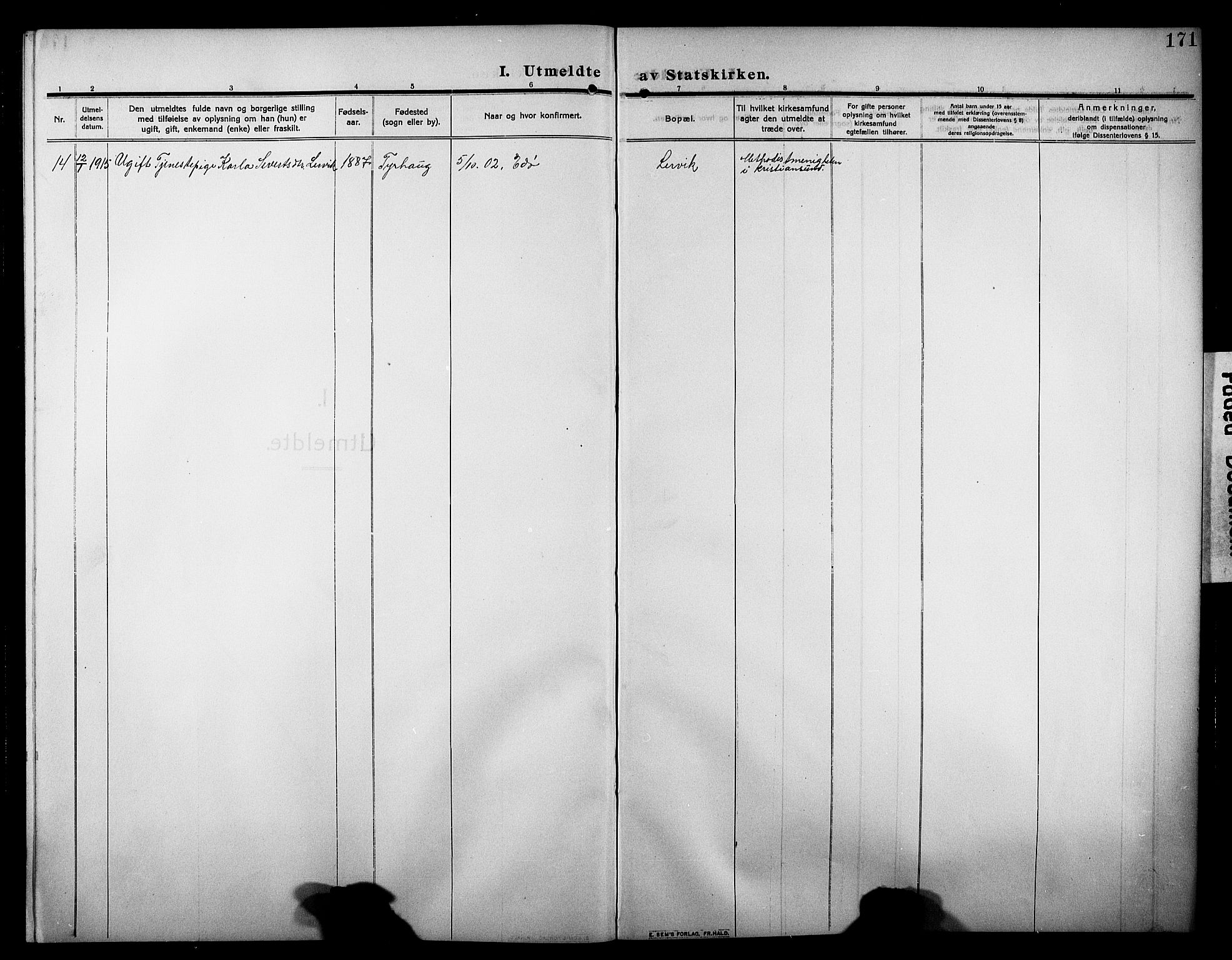 Ministerialprotokoller, klokkerbøker og fødselsregistre - Møre og Romsdal, AV/SAT-A-1454/581/L0943: Parish register (copy) no. 581C01, 1909-1931, p. 171