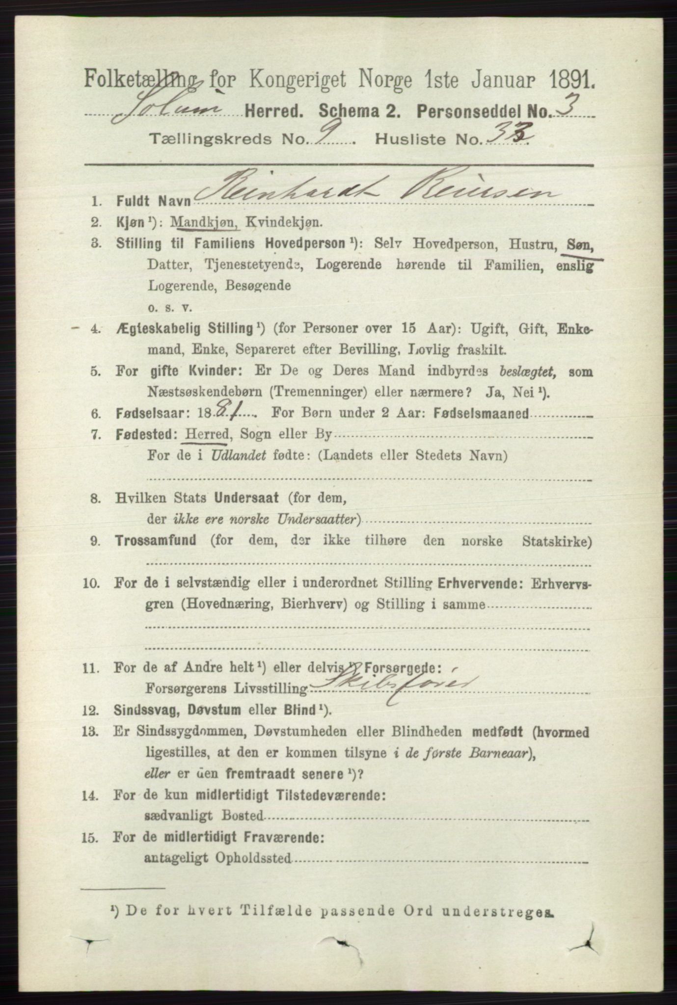 RA, 1891 census for 0818 Solum, 1891, p. 2190