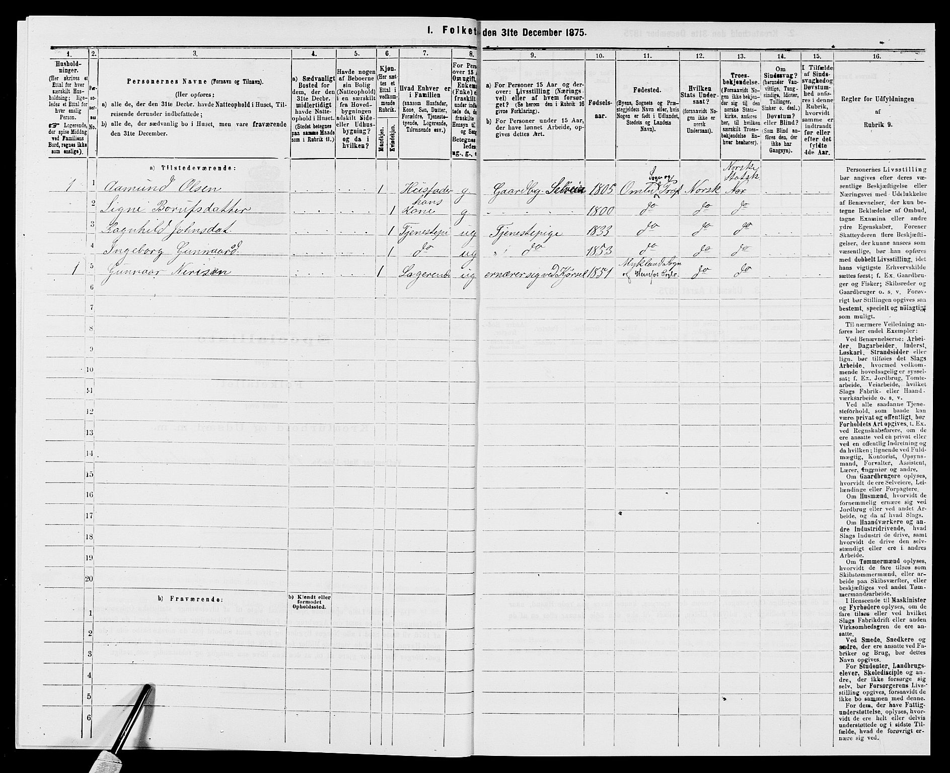 SAK, 1875 census for 0929P Åmli, 1875, p. 541