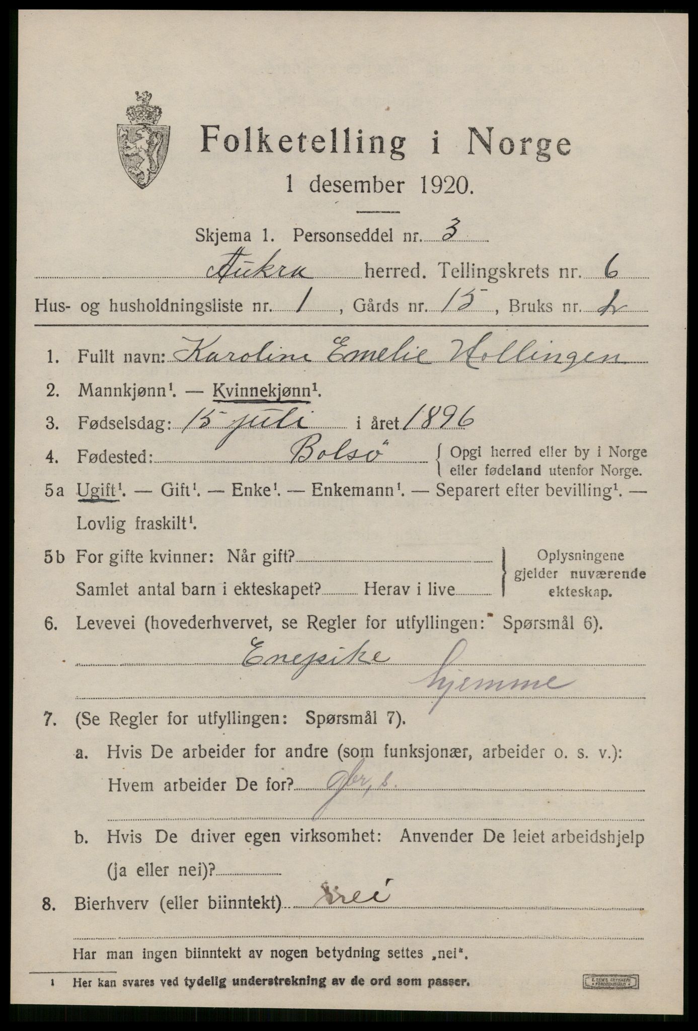 SAT, 1920 census for Aukra, 1920, p. 3947