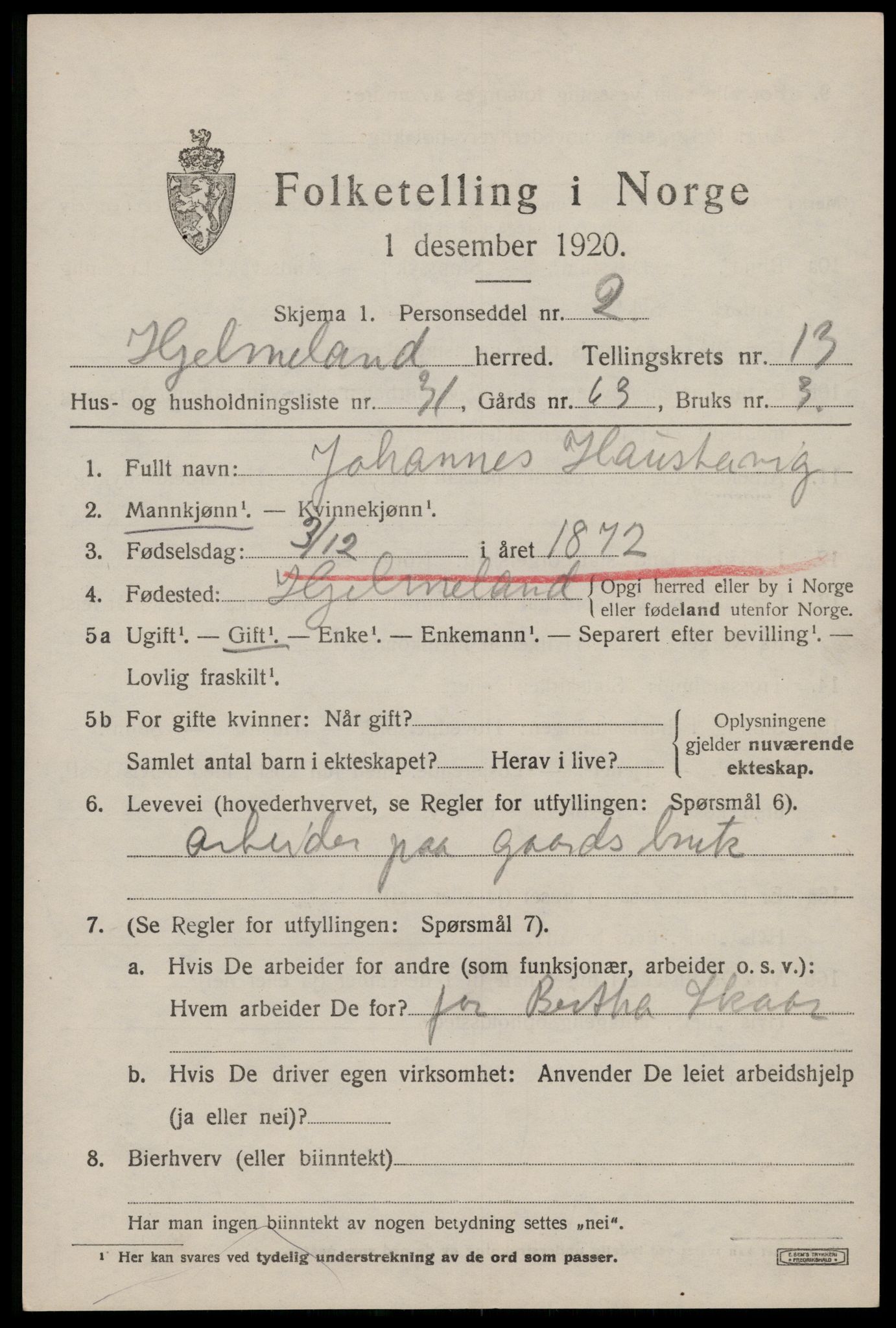 SAST, 1920 census for Hjelmeland, 1920, p. 4411