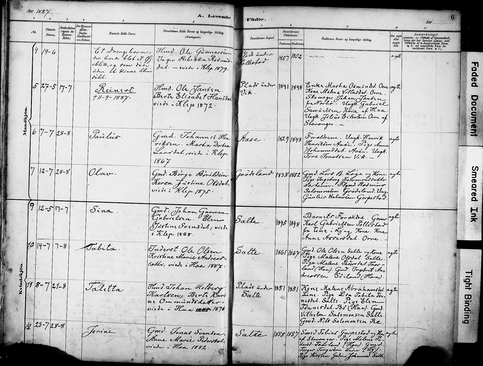 Klepp sokneprestkontor, AV/SAST-A-101803/001/3/30BA/L0007: Parish register (official) no. A 8, 1886-1912, p. 6