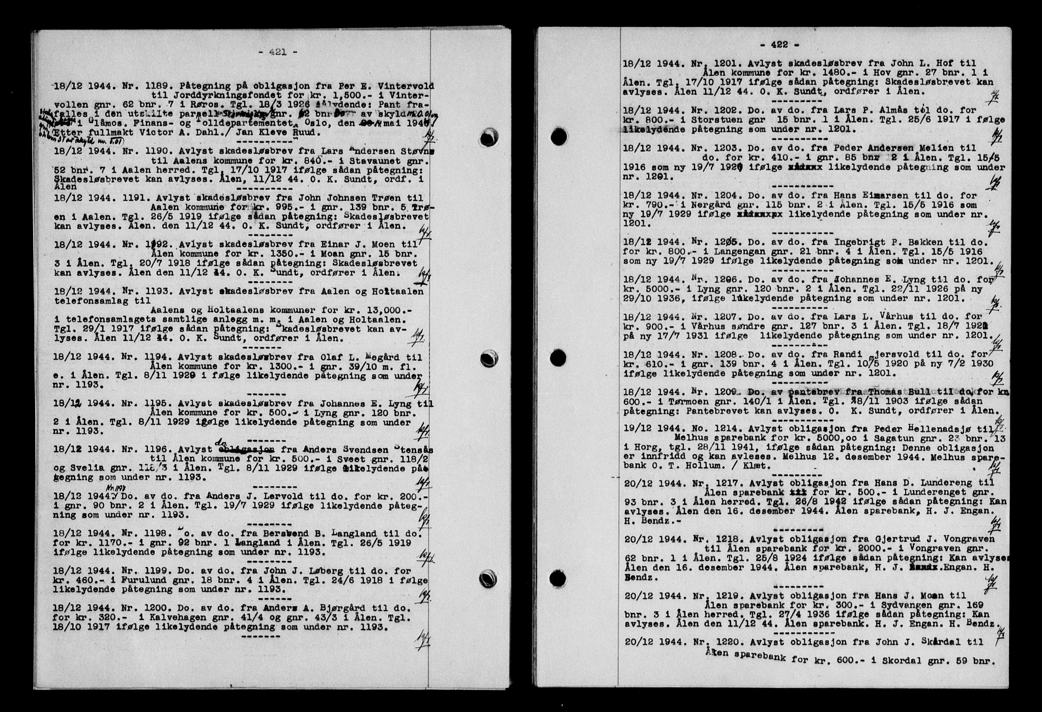 Gauldal sorenskriveri, SAT/A-0014/1/2/2C/L0058: Mortgage book no. 63, 1944-1945, Diary no: : 1189/1944