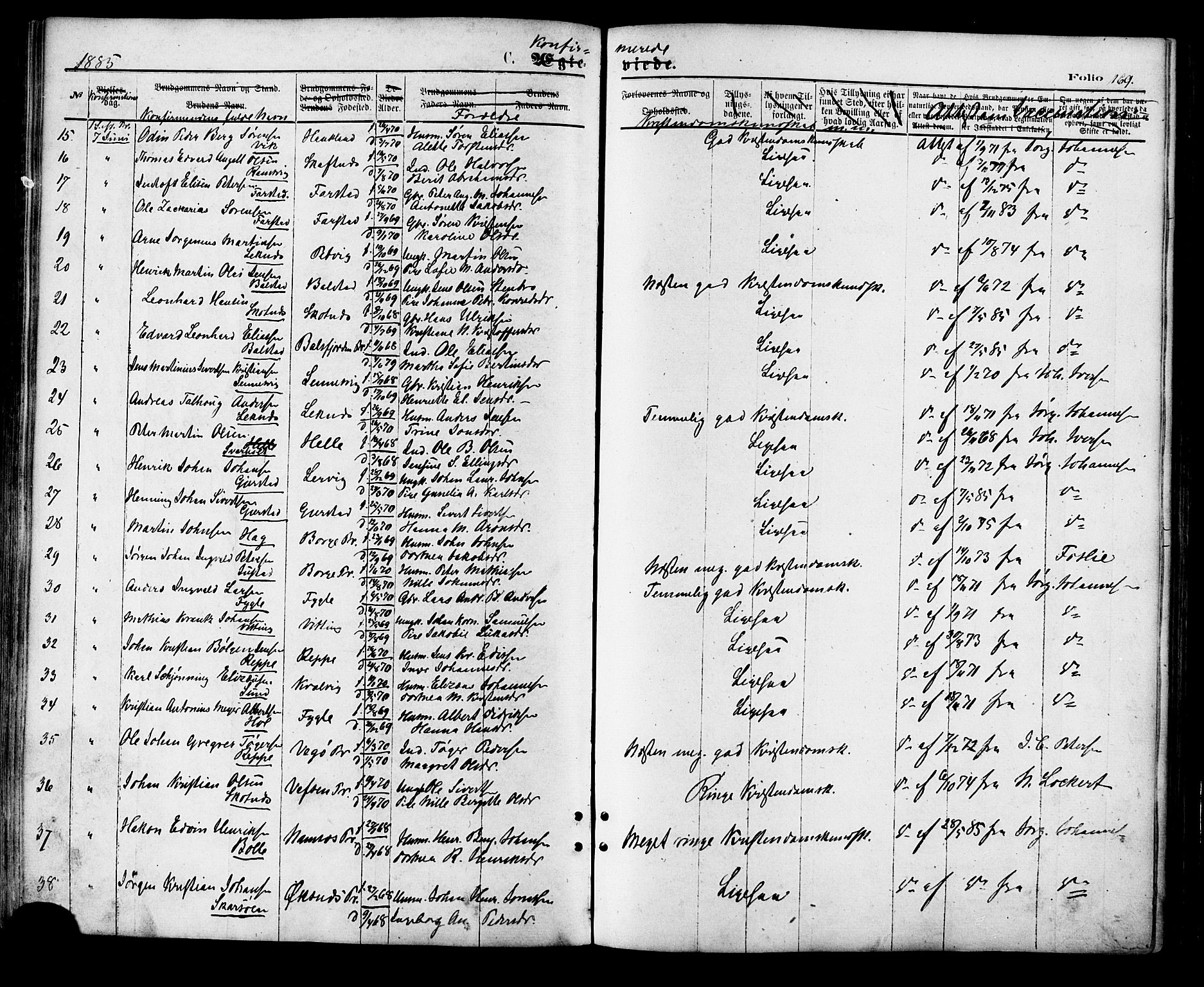 Ministerialprotokoller, klokkerbøker og fødselsregistre - Nordland, SAT/A-1459/881/L1166: Parish register (copy) no. 881C03, 1876-1885, p. 169
