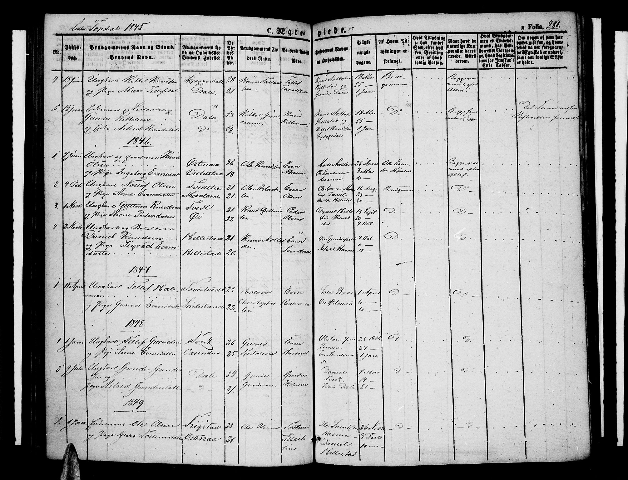 Åmli sokneprestkontor, AV/SAK-1111-0050/F/Fa/Fac/L0007: Parish register (official) no. A 7 /4, 1829-1851, p. 281