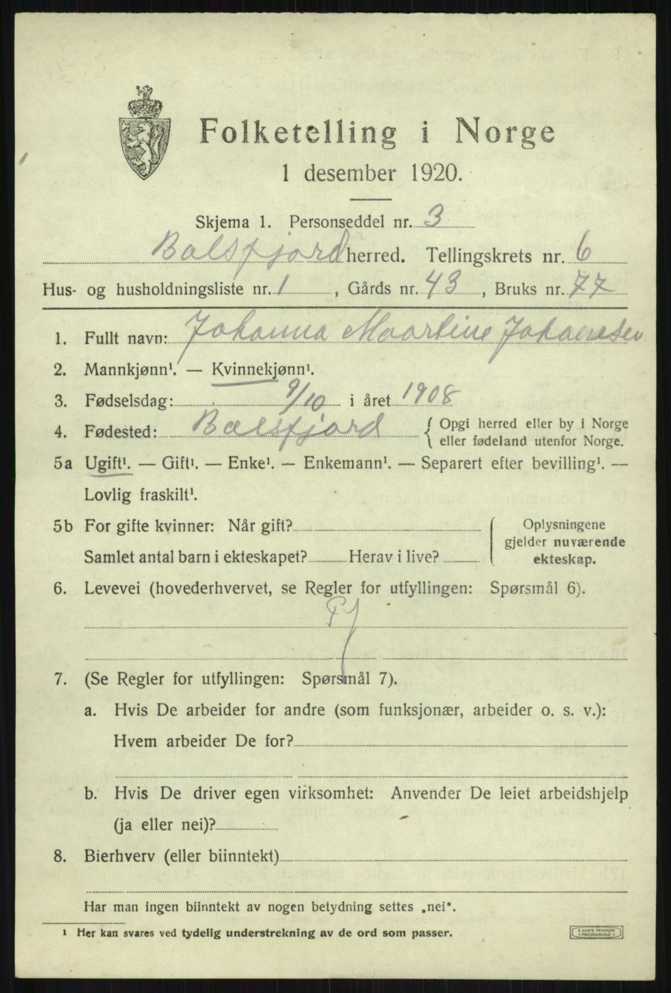 SATØ, 1920 census for Balsfjord, 1920, p. 3744