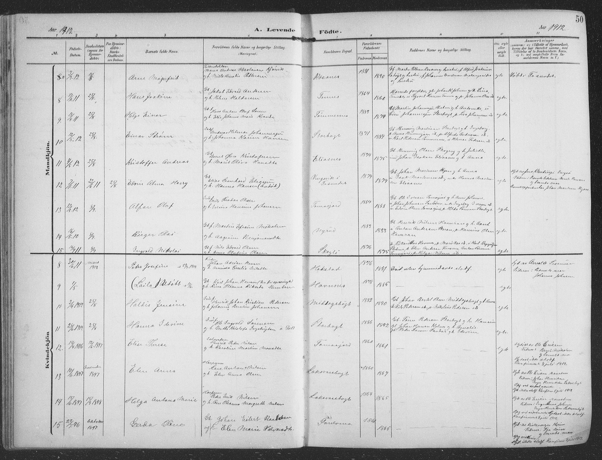 Balsfjord sokneprestembete, AV/SATØ-S-1303/G/Ga/L0009klokker: Parish register (copy) no. 9, 1906-1920, p. 50