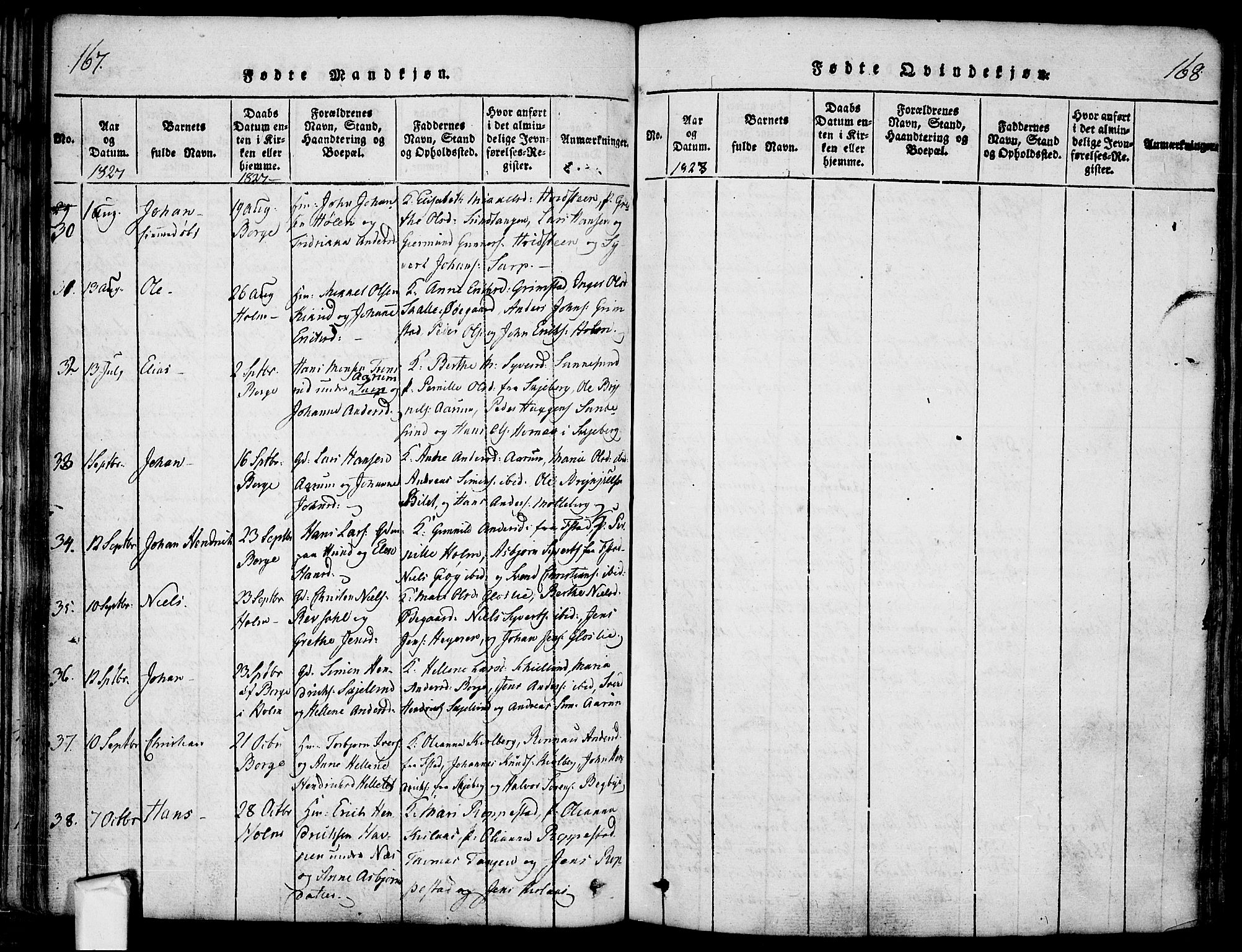 Borge prestekontor Kirkebøker, AV/SAO-A-10903/F/Fa/L0003: Parish register (official) no. I 3, 1815-1836, p. 167-168