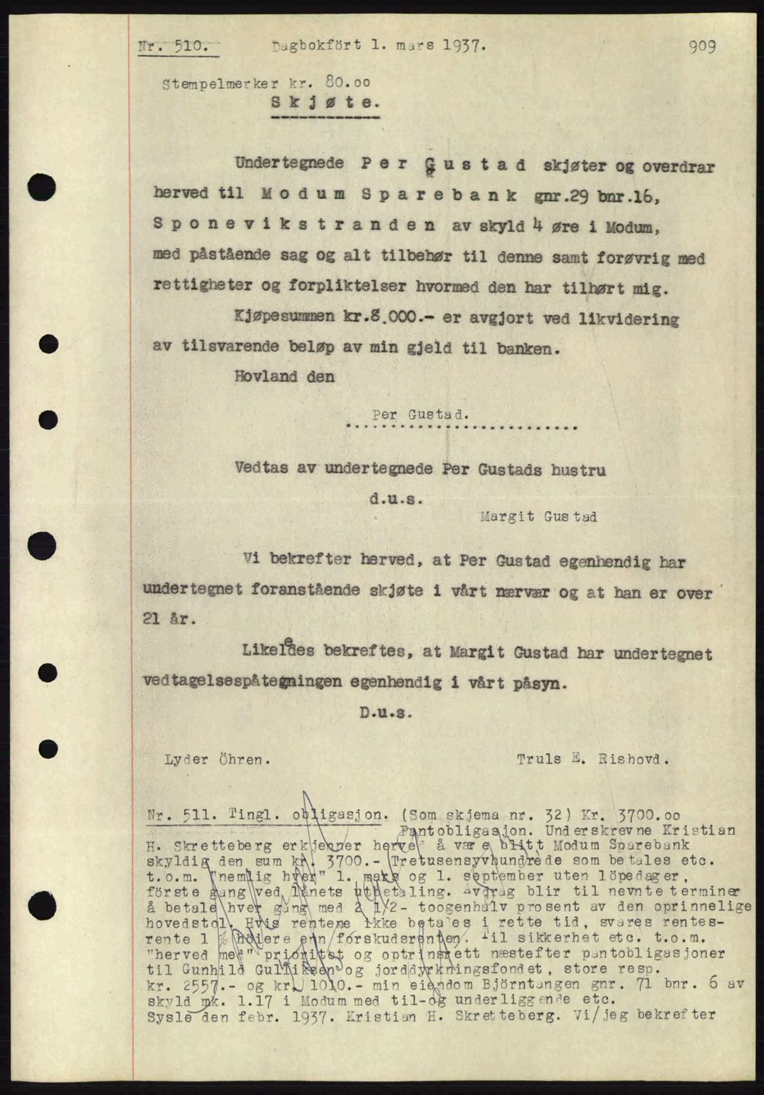 Eiker, Modum og Sigdal sorenskriveri, SAKO/A-123/G/Ga/Gab/L0034: Mortgage book no. A4, 1936-1937, Diary no: : 510/1937