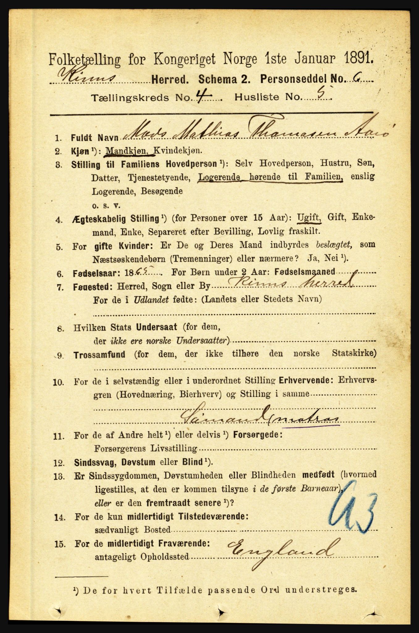 RA, 1891 census for 1437 Kinn, 1891, p. 1355