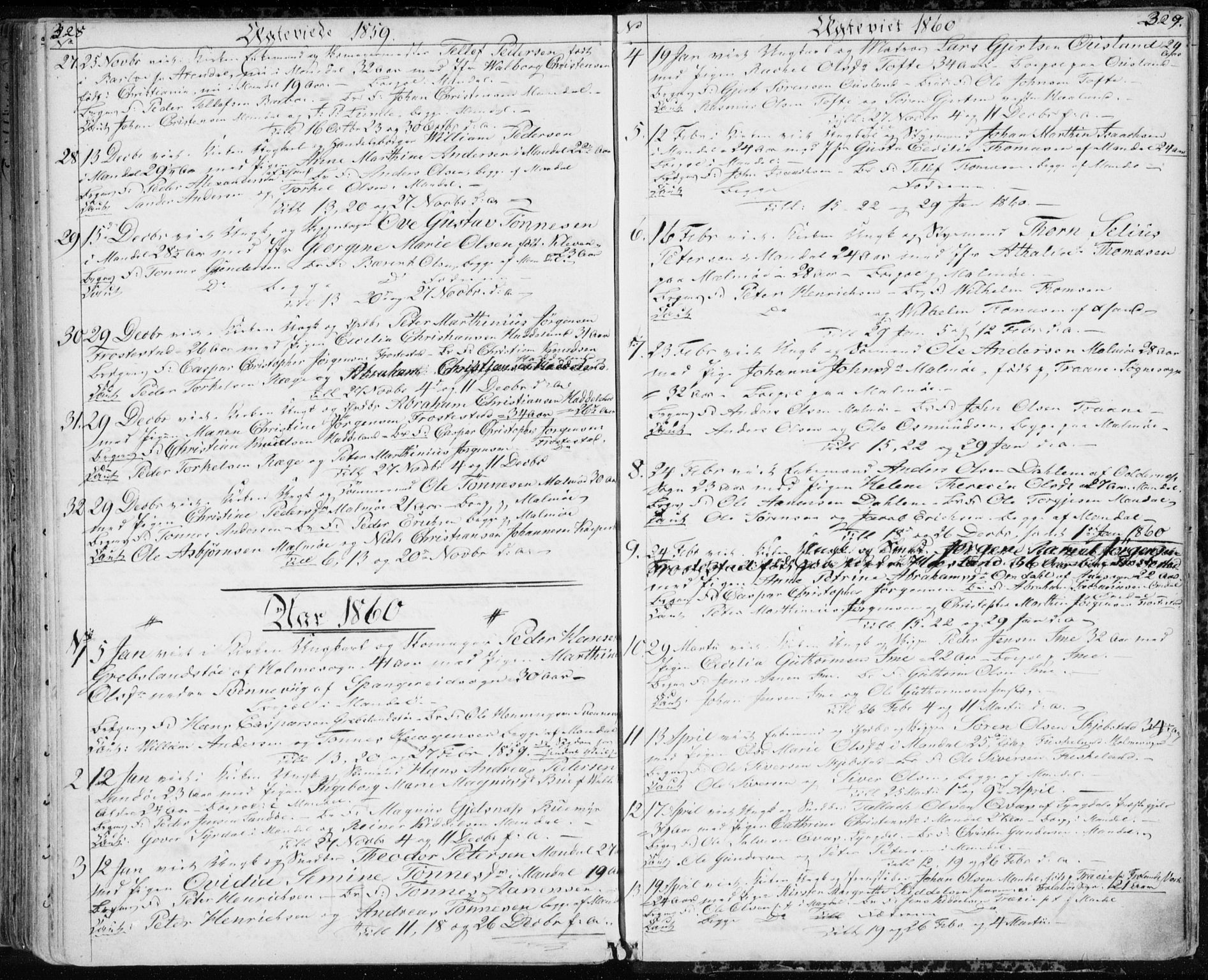 Mandal sokneprestkontor, SAK/1111-0030/F/Fb/Fba/L0008: Parish register (copy) no. B 2, 1854-1868, p. 328-329