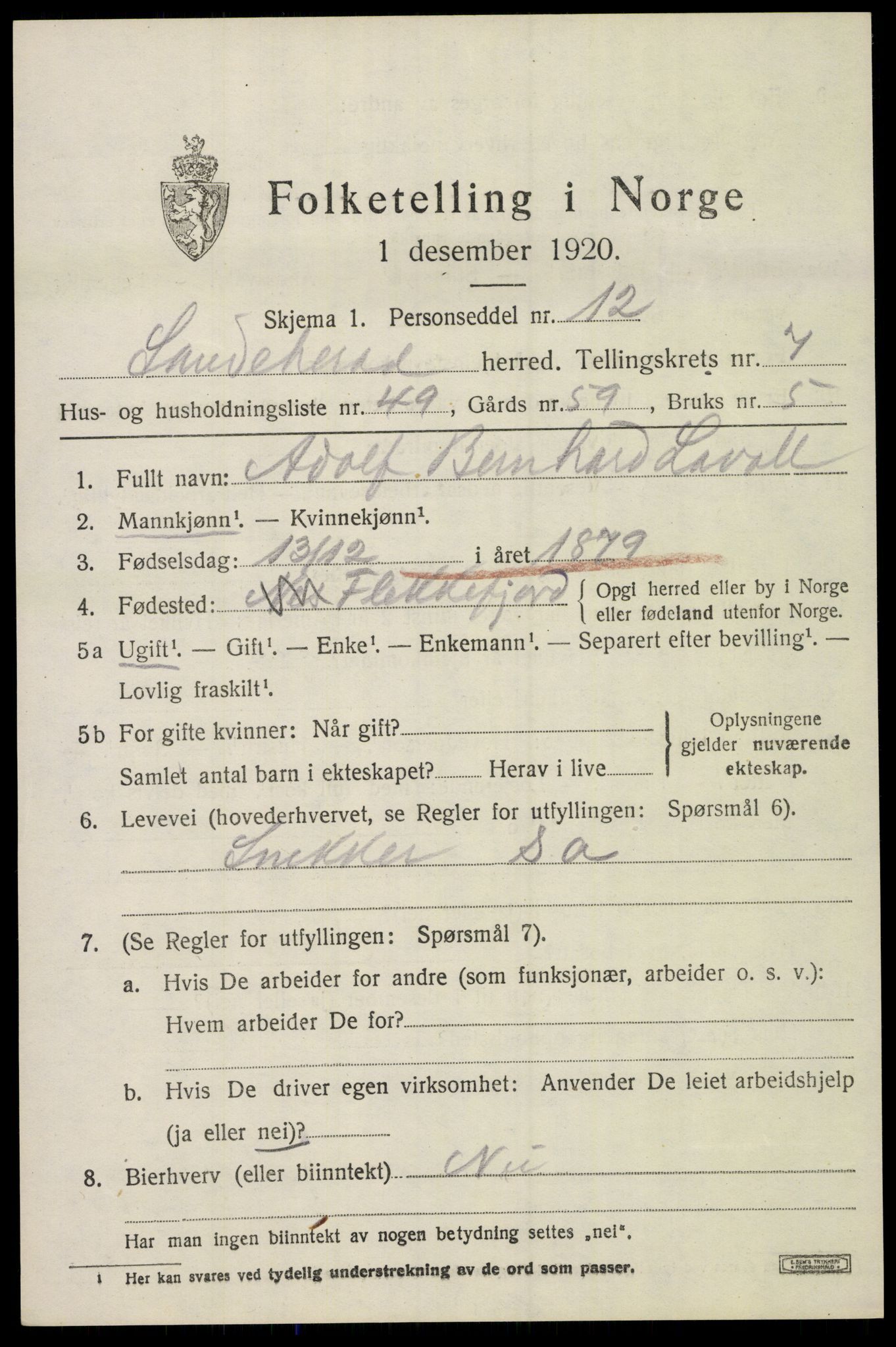 SAKO, 1920 census for Sandeherred, 1920, p. 12510