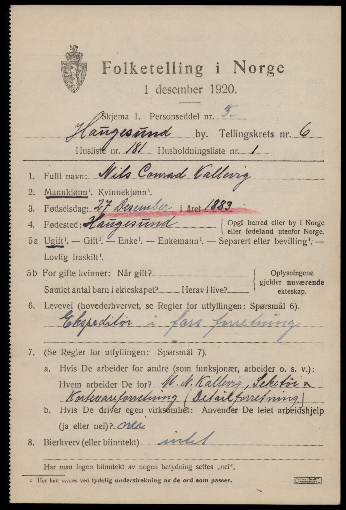 SAST, 1920 census for Haugesund, 1920, p. 24549