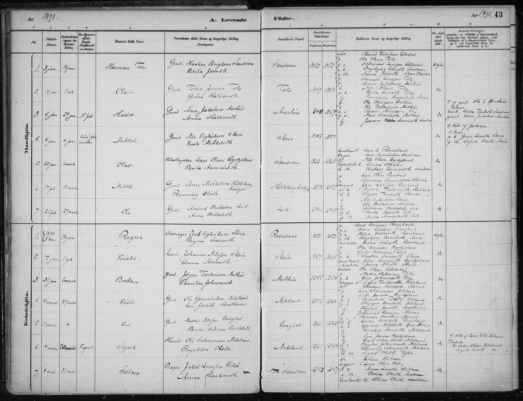 Kvam sokneprestembete, SAB/A-76201/H/Haa: Parish register (official) no. B  1, 1880-1908, p. 43