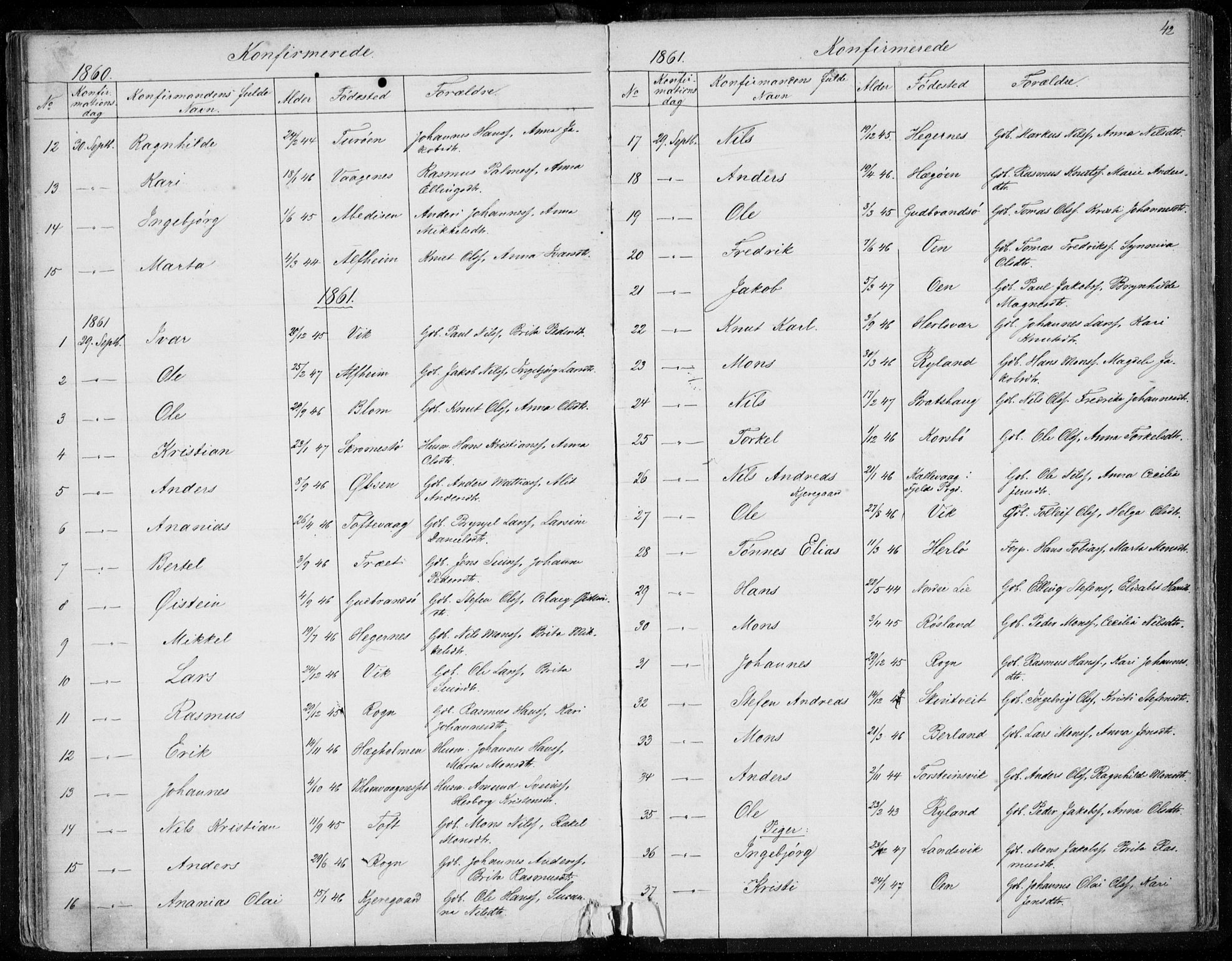 Herdla Sokneprestembete, AV/SAB-A-75701/H/Haa: Parish register (official) no. A 1, 1855-1869, p. 42