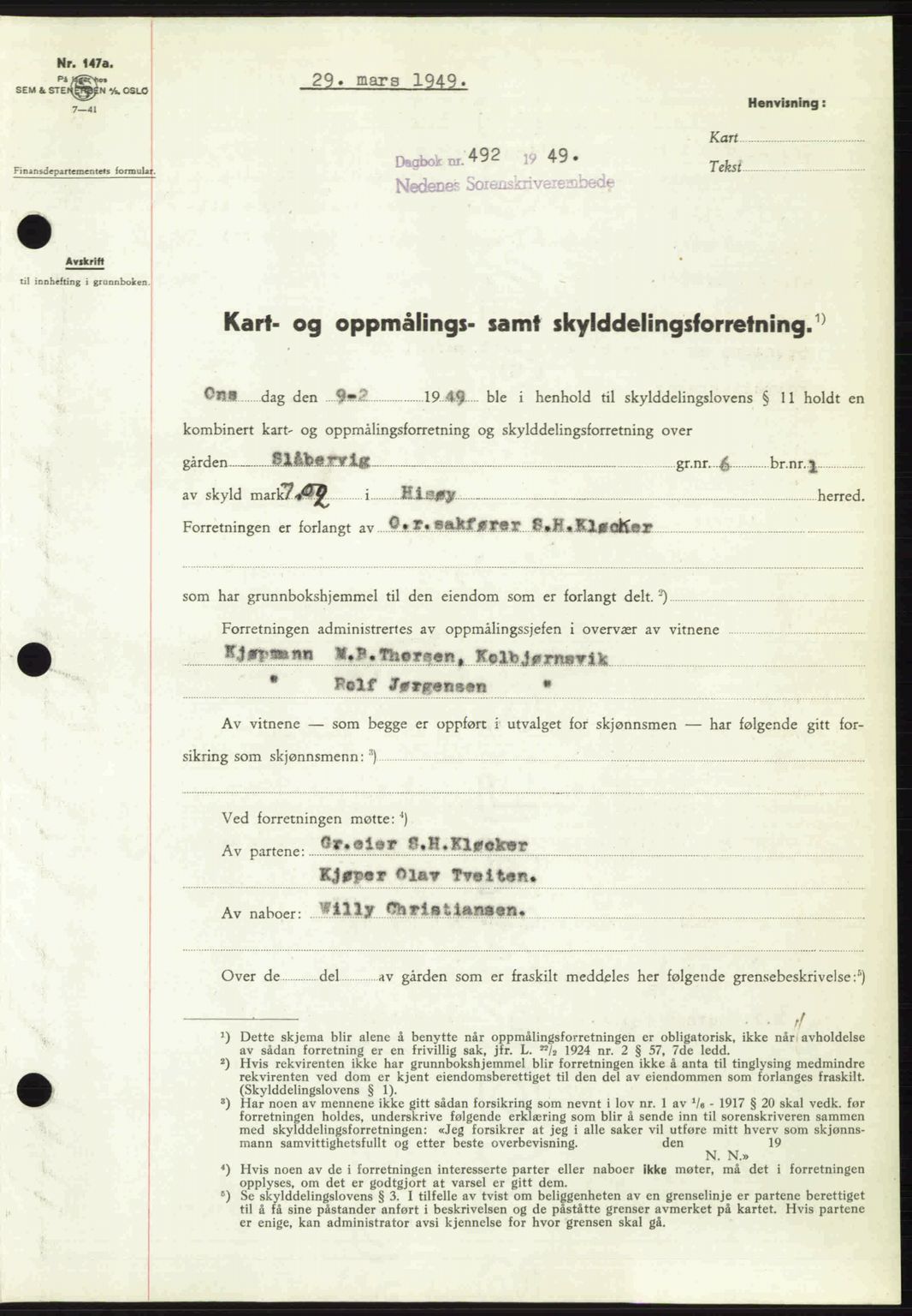 Nedenes sorenskriveri, AV/SAK-1221-0006/G/Gb/Gba/L0060: Mortgage book no. A12, 1948-1949, Diary no: : 492/1949