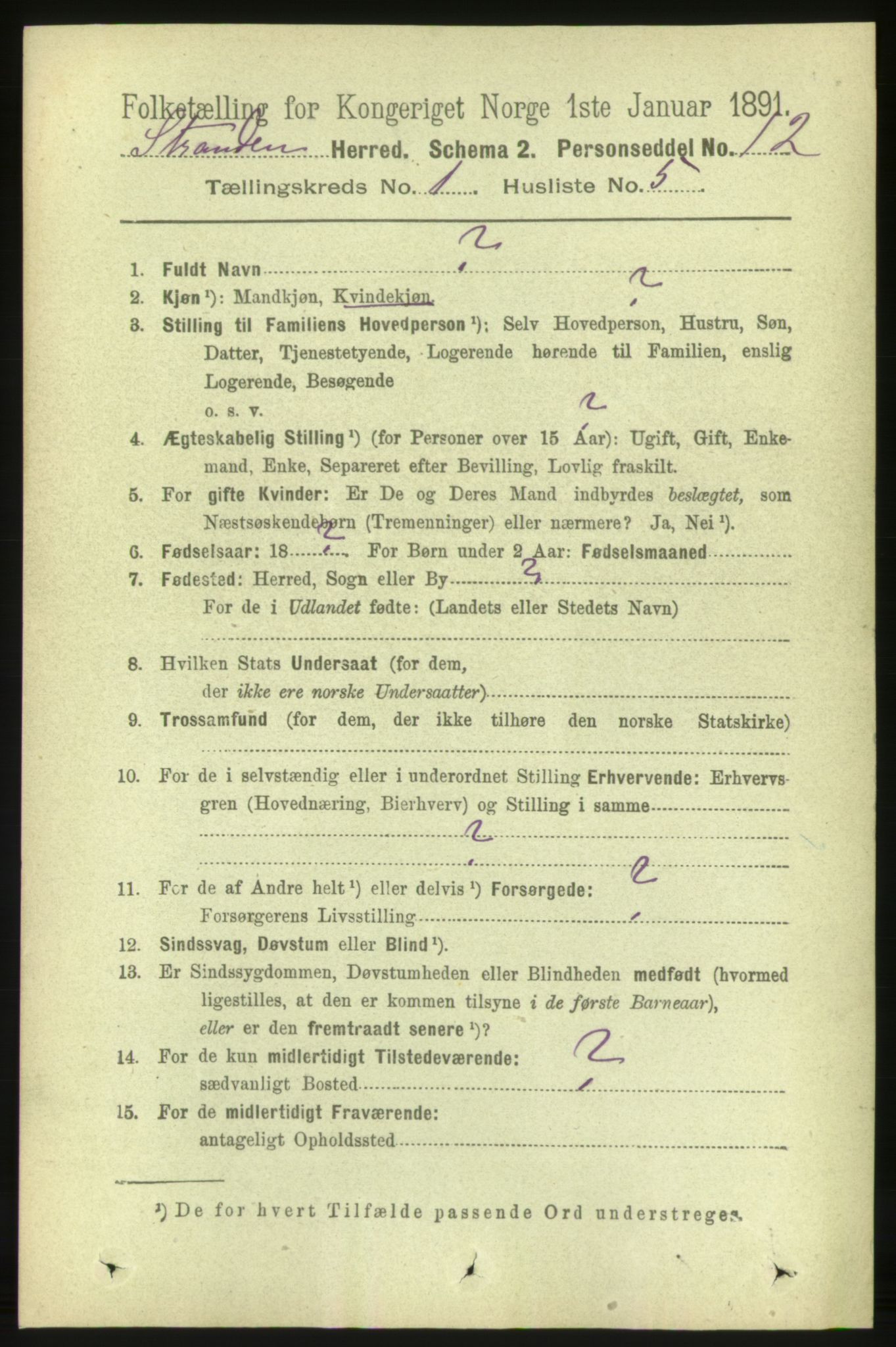 RA, 1891 census for 1525 Stranda, 1891, p. 96