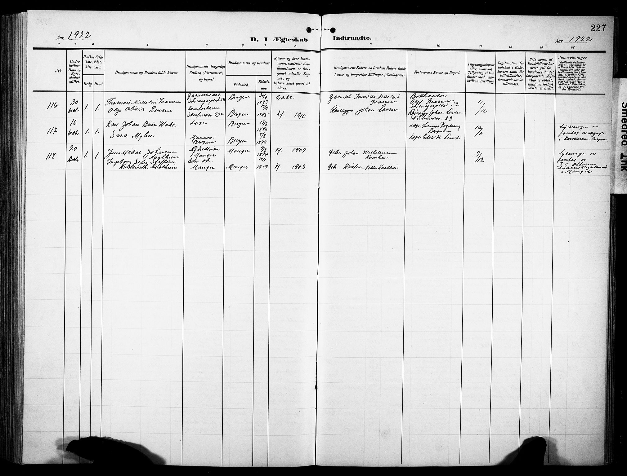 Sandviken Sokneprestembete, SAB/A-77601/H/Hb/L0014: Parish register (copy) no. D 1, 1902-1929, p. 227