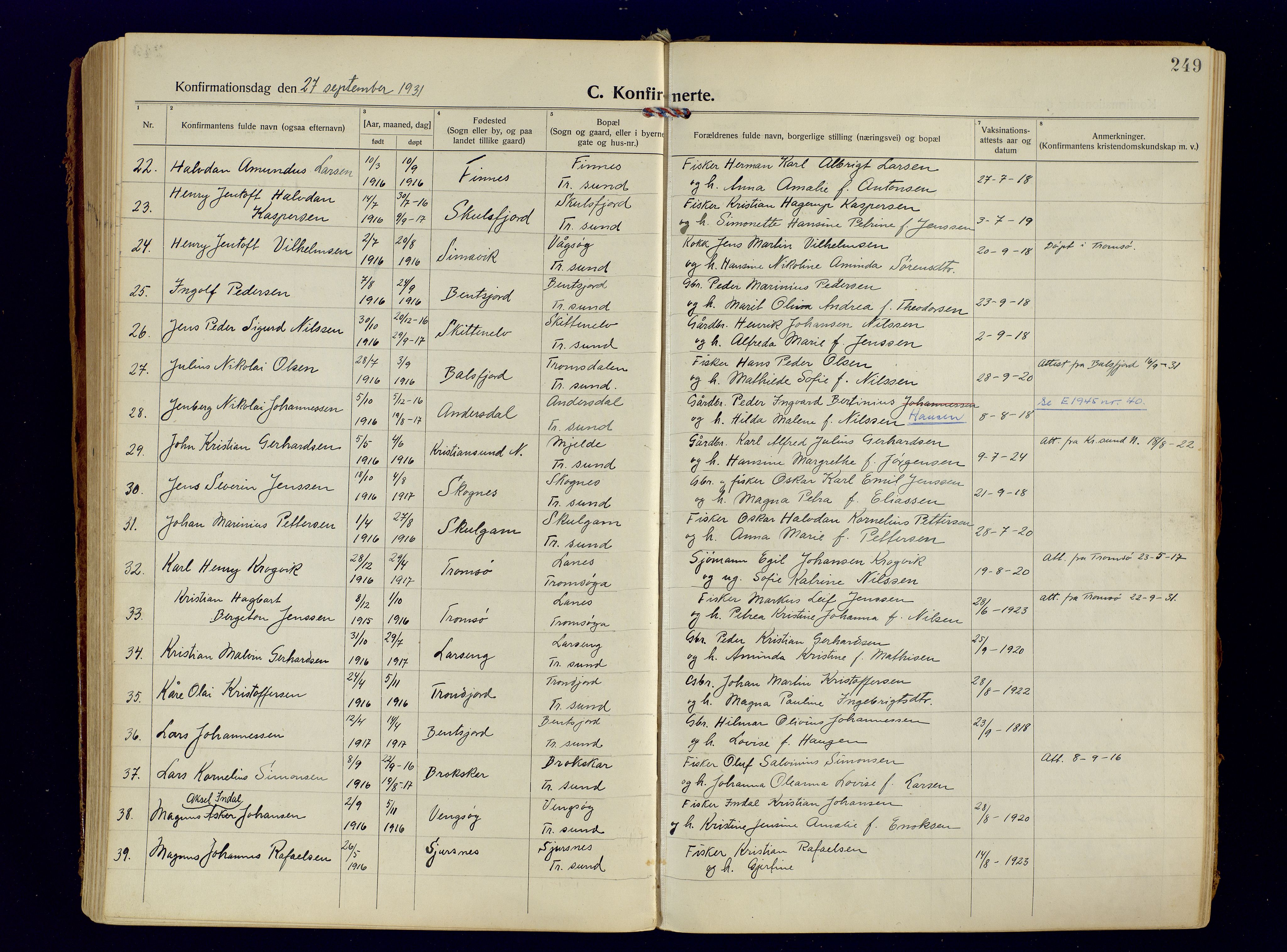 Tromsøysund sokneprestkontor, AV/SATØ-S-1304/G/Ga/L0009kirke: Parish register (official) no. 9, 1922-1934, p. 249