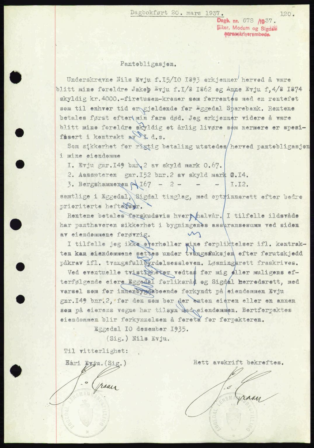 Eiker, Modum og Sigdal sorenskriveri, SAKO/A-123/G/Ga/Gab/L0035: Mortgage book no. A5, 1937-1937, Diary no: : 678/1937