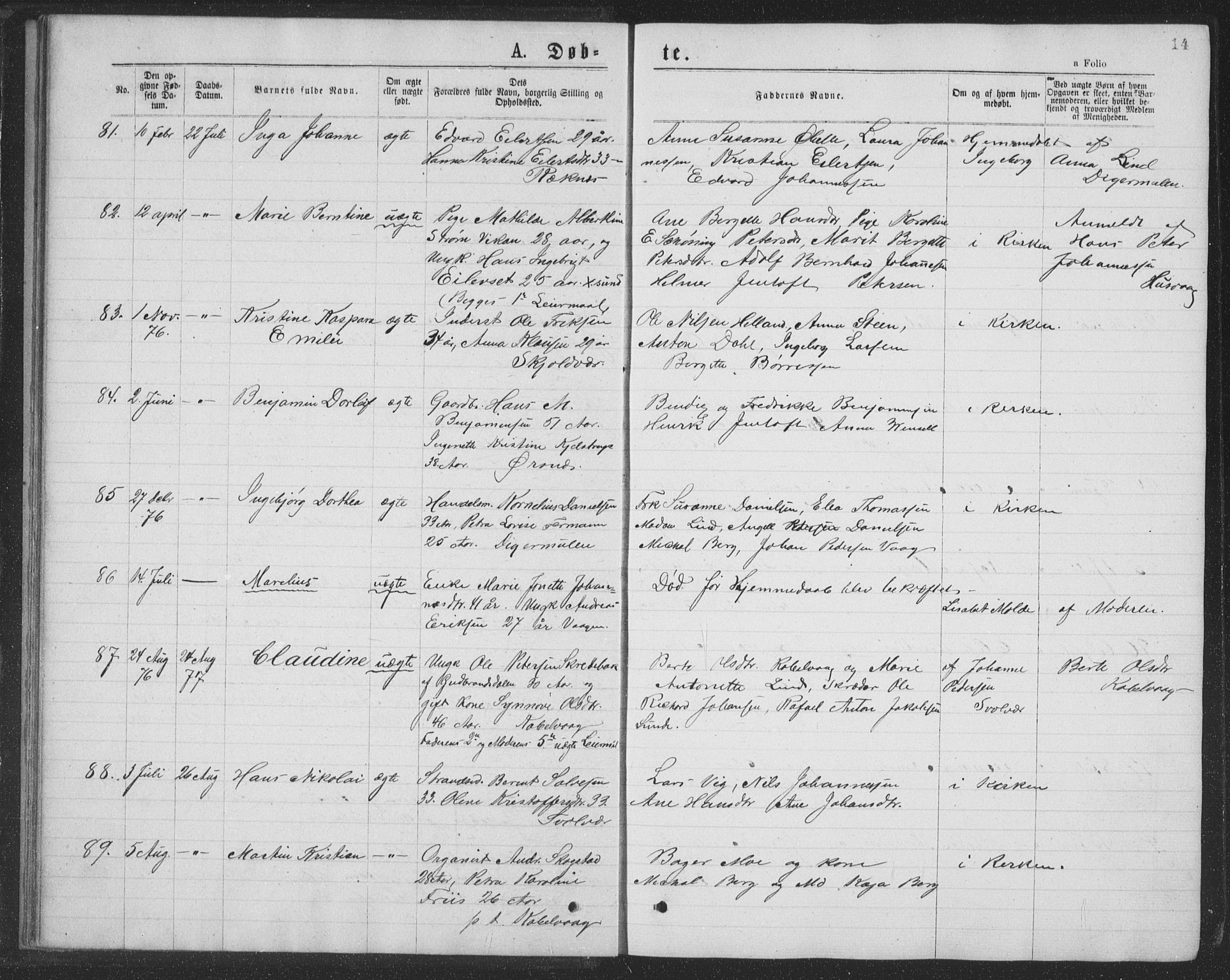 Ministerialprotokoller, klokkerbøker og fødselsregistre - Nordland, AV/SAT-A-1459/874/L1075: Parish register (copy) no. 874C04, 1876-1883, p. 14