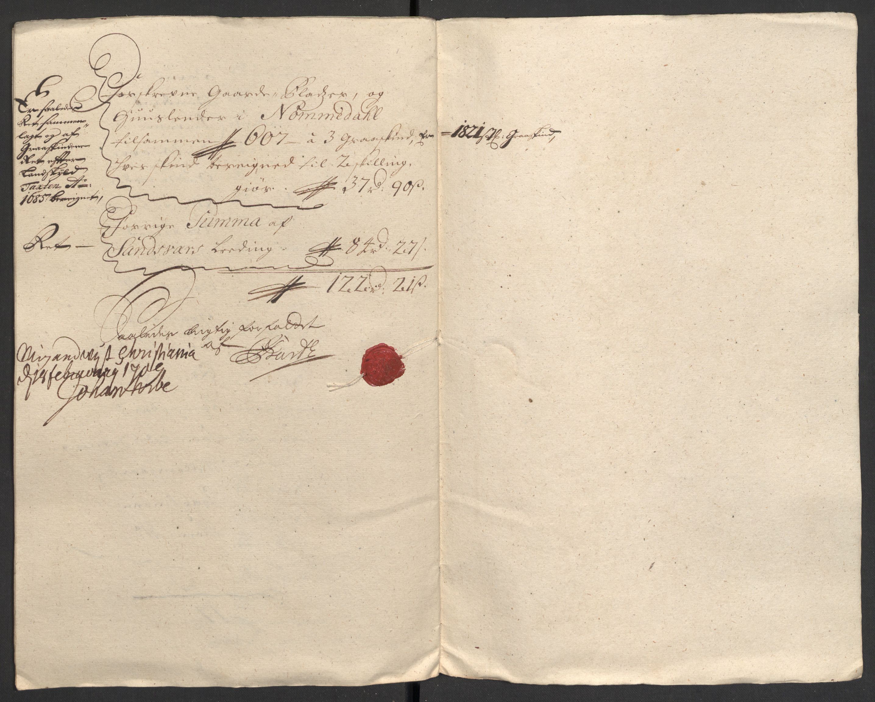 Rentekammeret inntil 1814, Reviderte regnskaper, Fogderegnskap, RA/EA-4092/R24/L1584: Fogderegnskap Numedal og Sandsvær, 1707-1708, p. 203