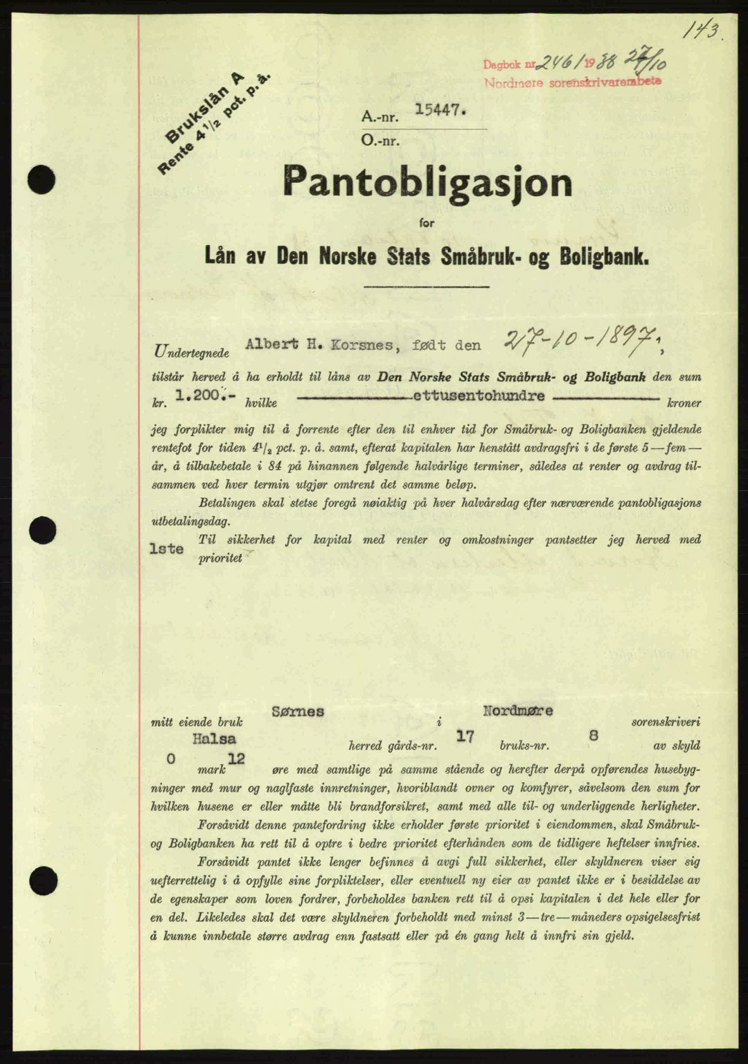 Nordmøre sorenskriveri, SAT/A-4132/1/2/2Ca: Mortgage book no. B84, 1938-1939, Diary no: : 2461/1938