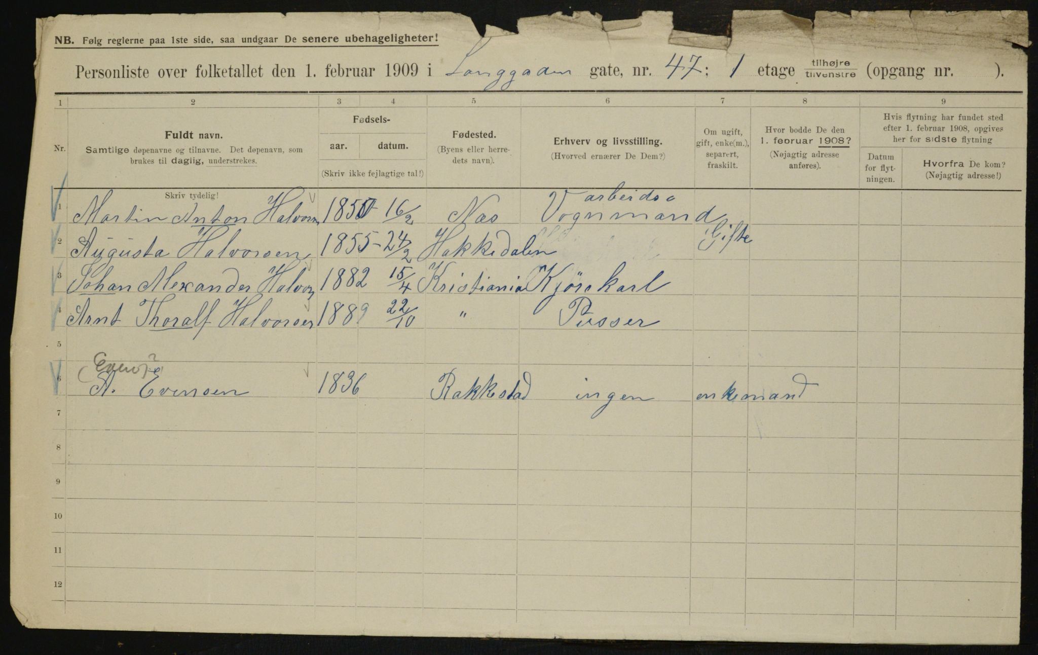 OBA, Municipal Census 1909 for Kristiania, 1909, p. 51954