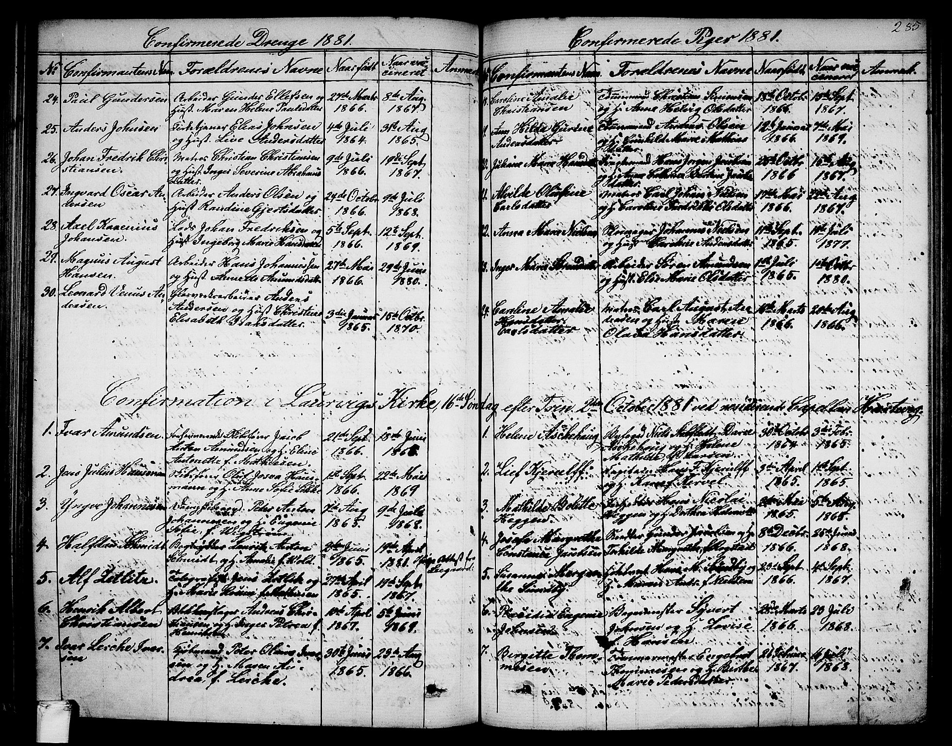 Larvik kirkebøker, SAKO/A-352/G/Ga/L0004: Parish register (copy) no. I 4, 1871-1888, p. 285
