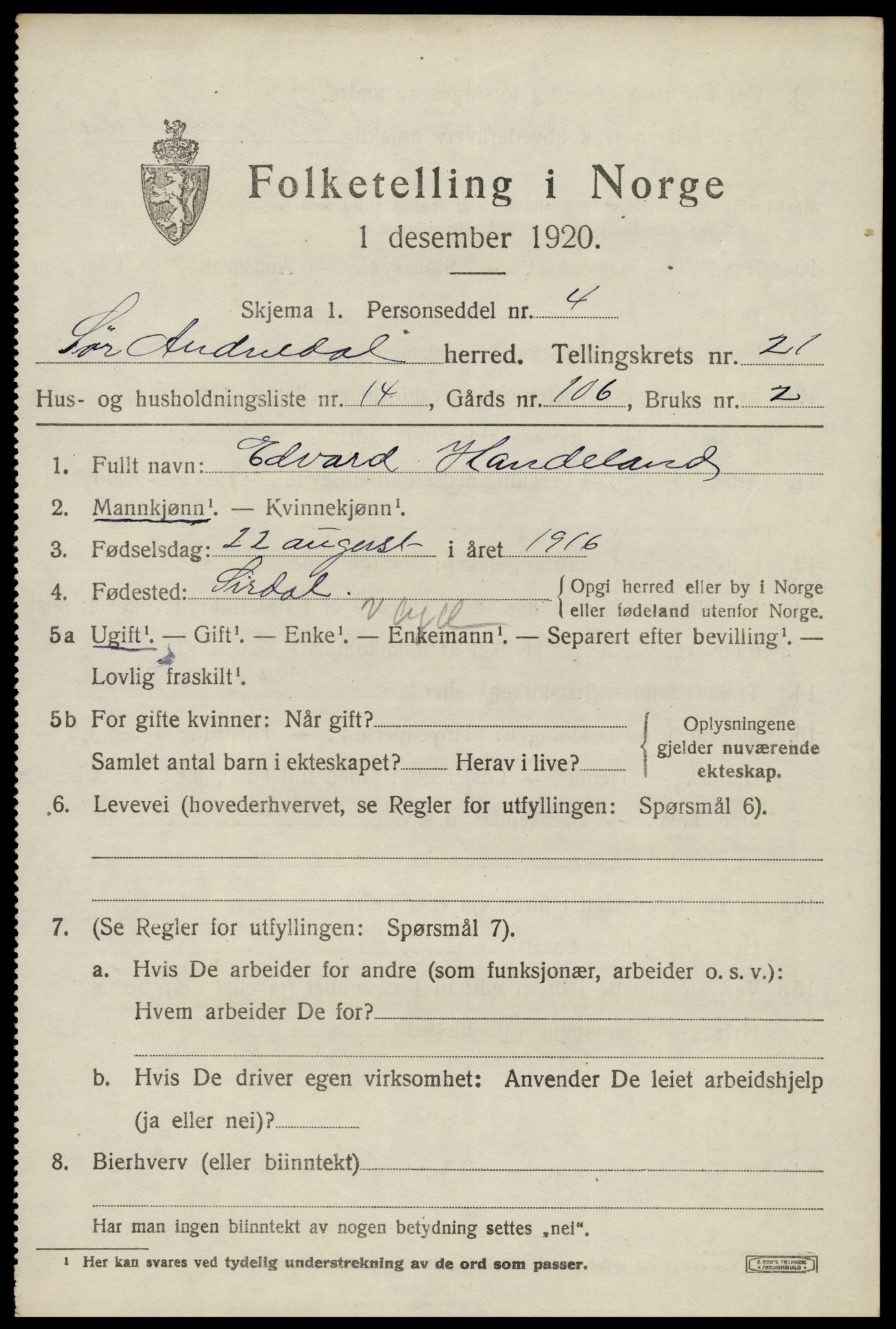 SAK, 1920 census for Sør-Audnedal, 1920, p. 7017