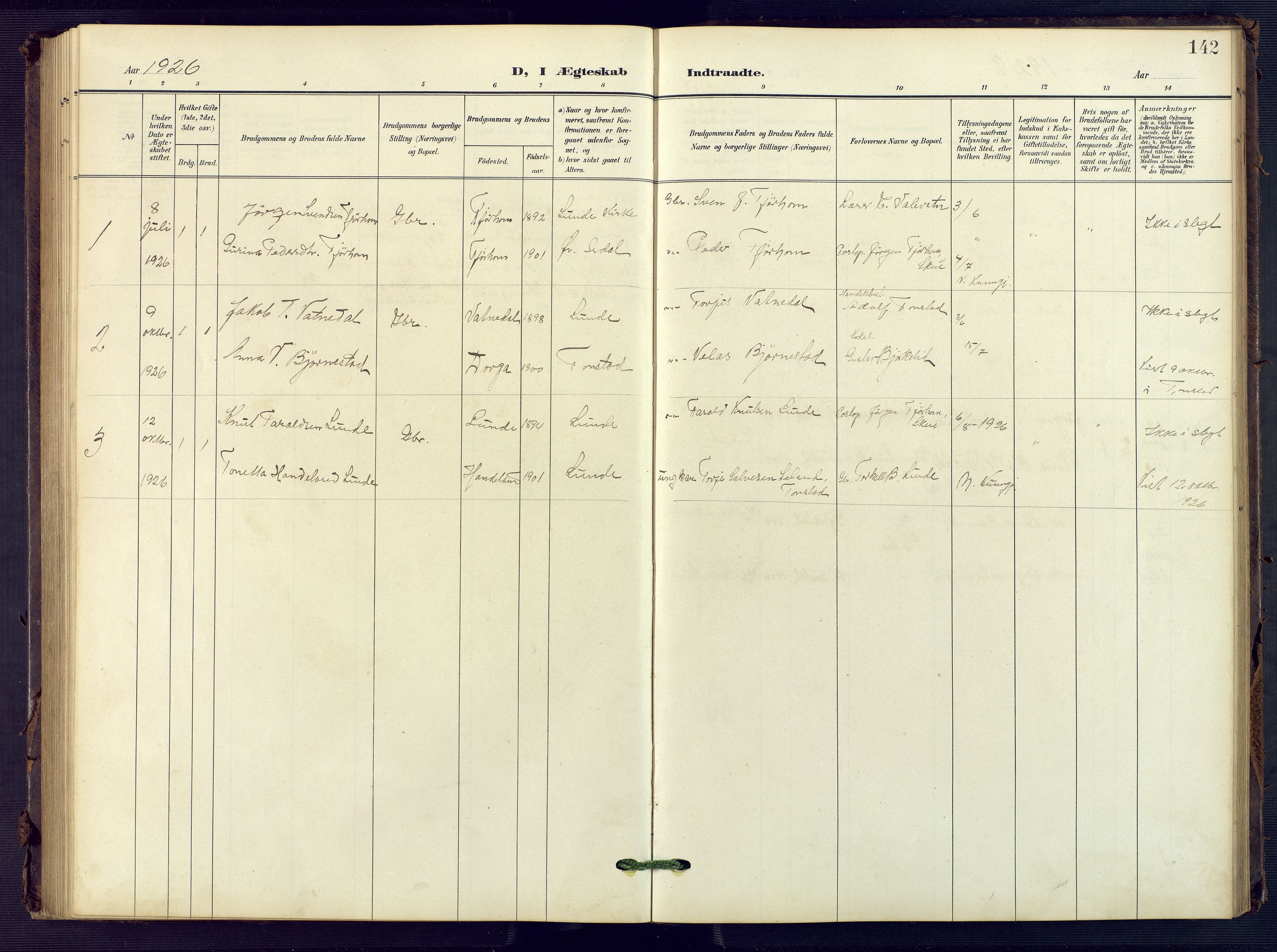 Sirdal sokneprestkontor, SAK/1111-0036/F/Fb/Fba/L0002: Parish register (copy) no. B 2, 1905-1958, p. 142
