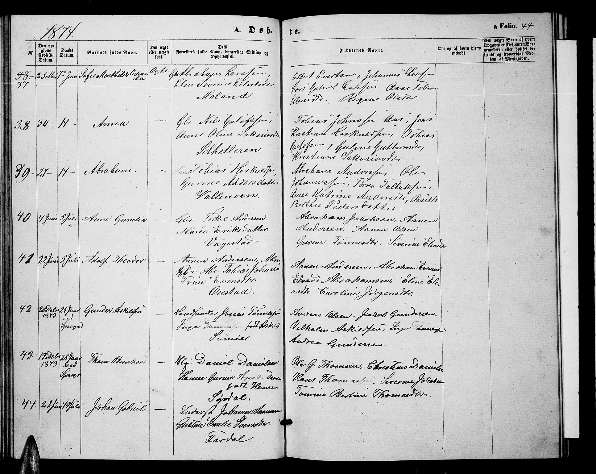 Sør-Audnedal sokneprestkontor, AV/SAK-1111-0039/F/Fb/Fbb/L0004: Parish register (copy) no. B 4, 1868-1879, p. 44