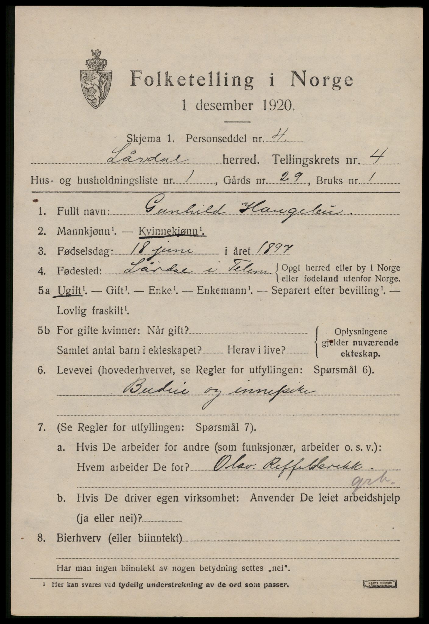 SAKO, 1920 census for Lårdal, 1920, p. 2147