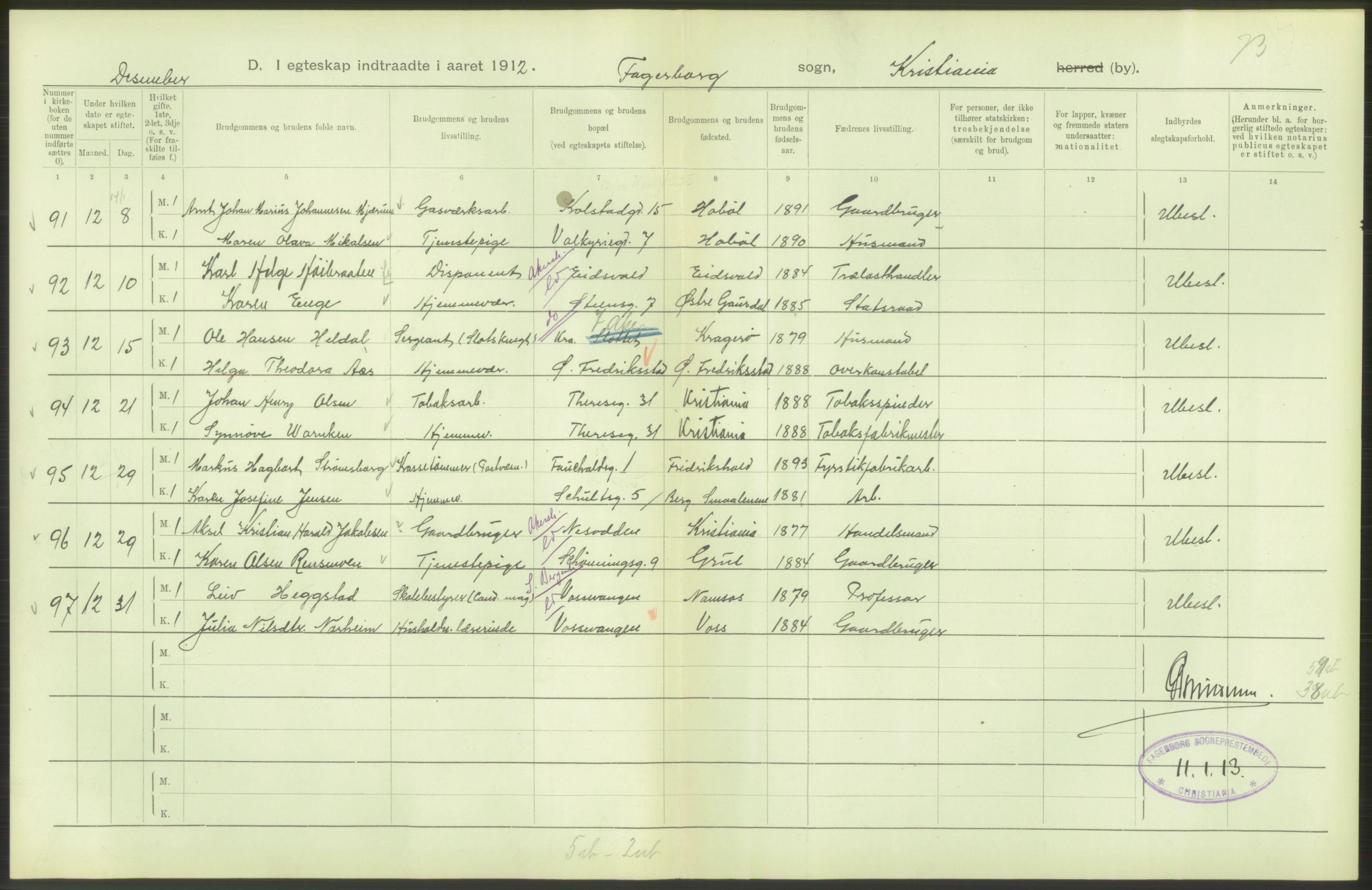 Statistisk sentralbyrå, Sosiodemografiske emner, Befolkning, AV/RA-S-2228/D/Df/Dfb/Dfbb/L0008: Kristiania: Gifte, 1912, p. 242