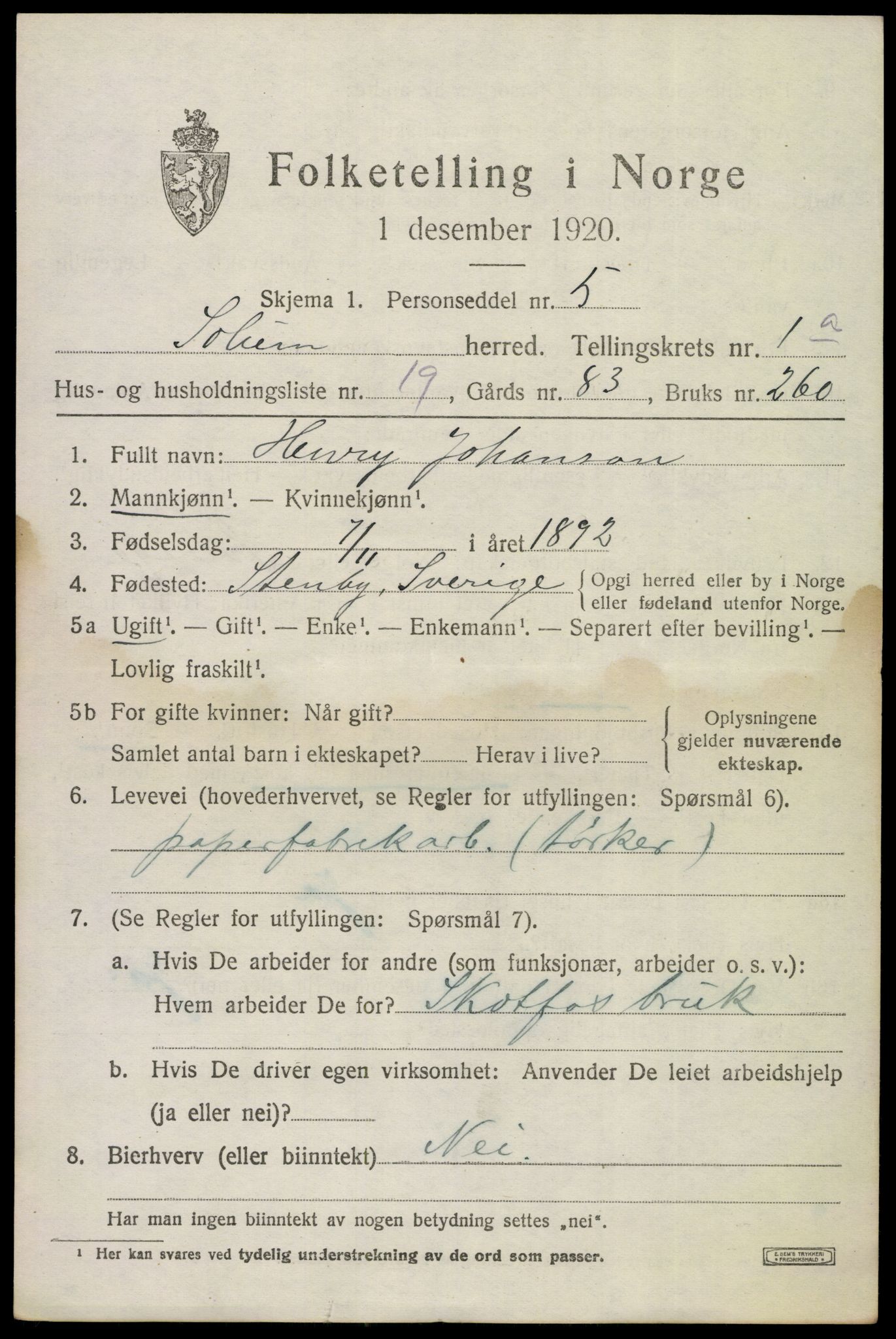 SAKO, 1920 census for Solum, 1920, p. 6990