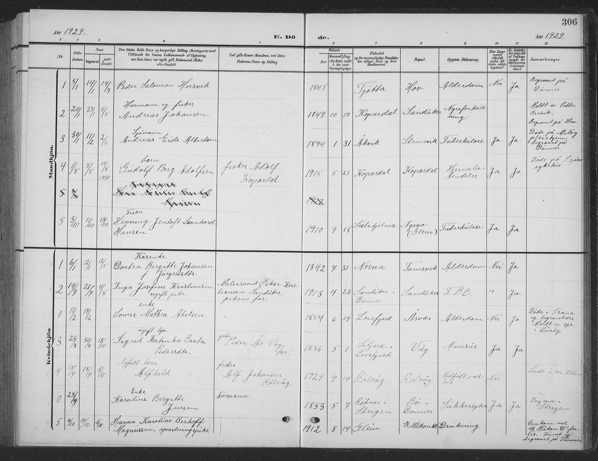 Ministerialprotokoller, klokkerbøker og fødselsregistre - Nordland, AV/SAT-A-1459/835/L0533: Parish register (copy) no. 835C05, 1906-1939, p. 306