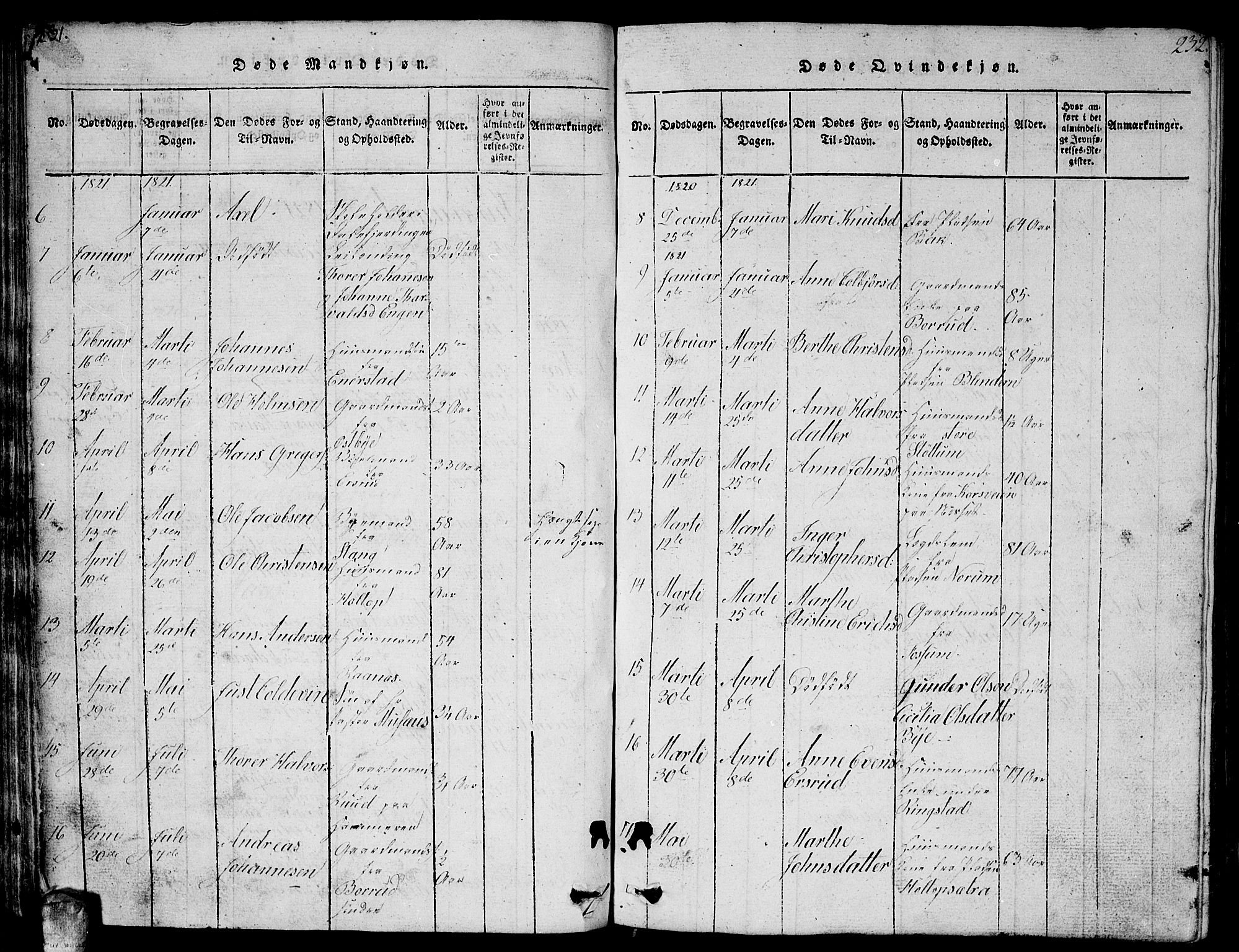 Enebakk prestekontor Kirkebøker, AV/SAO-A-10171c/G/Ga/L0001: Parish register (copy) no. I 1, 1815-1833, p. 231-232