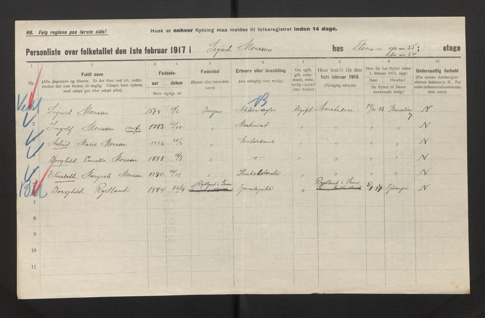 SAB, Municipal Census 1917 for Bergen, 1917, p. 54170