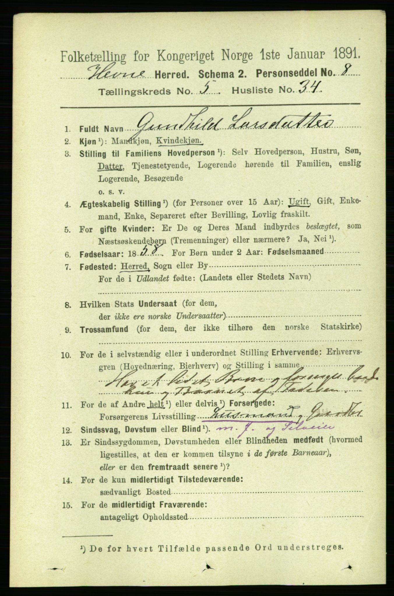 RA, 1891 census for 1612 Hemne, 1891, p. 2682