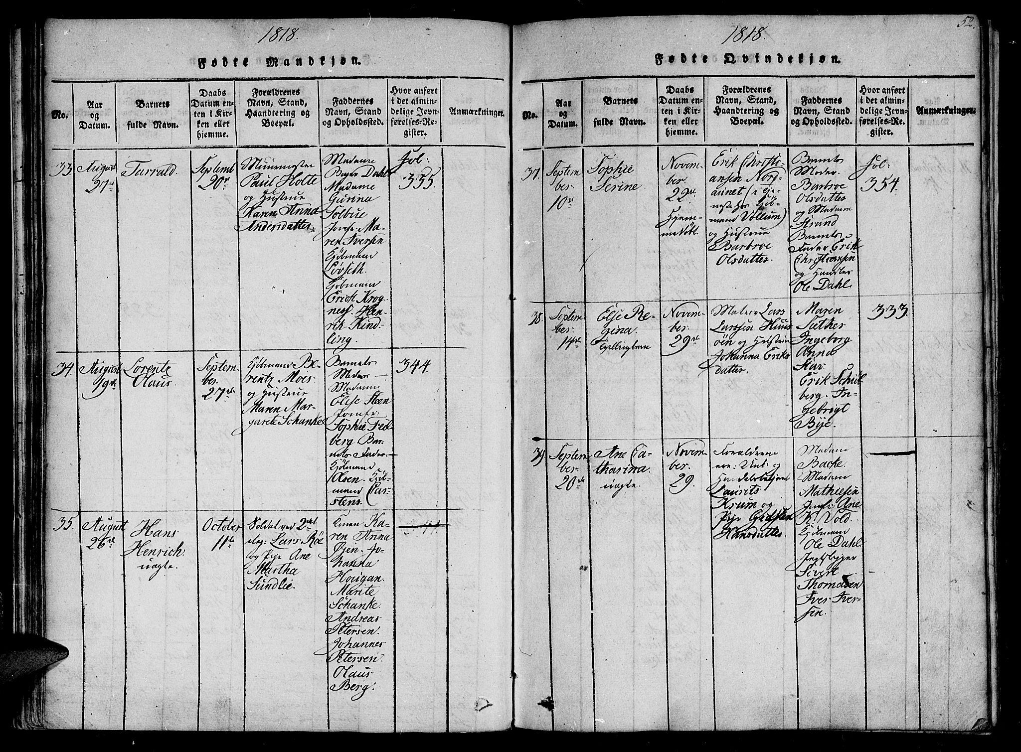 Ministerialprotokoller, klokkerbøker og fødselsregistre - Sør-Trøndelag, SAT/A-1456/602/L0107: Parish register (official) no. 602A05, 1815-1821, p. 52