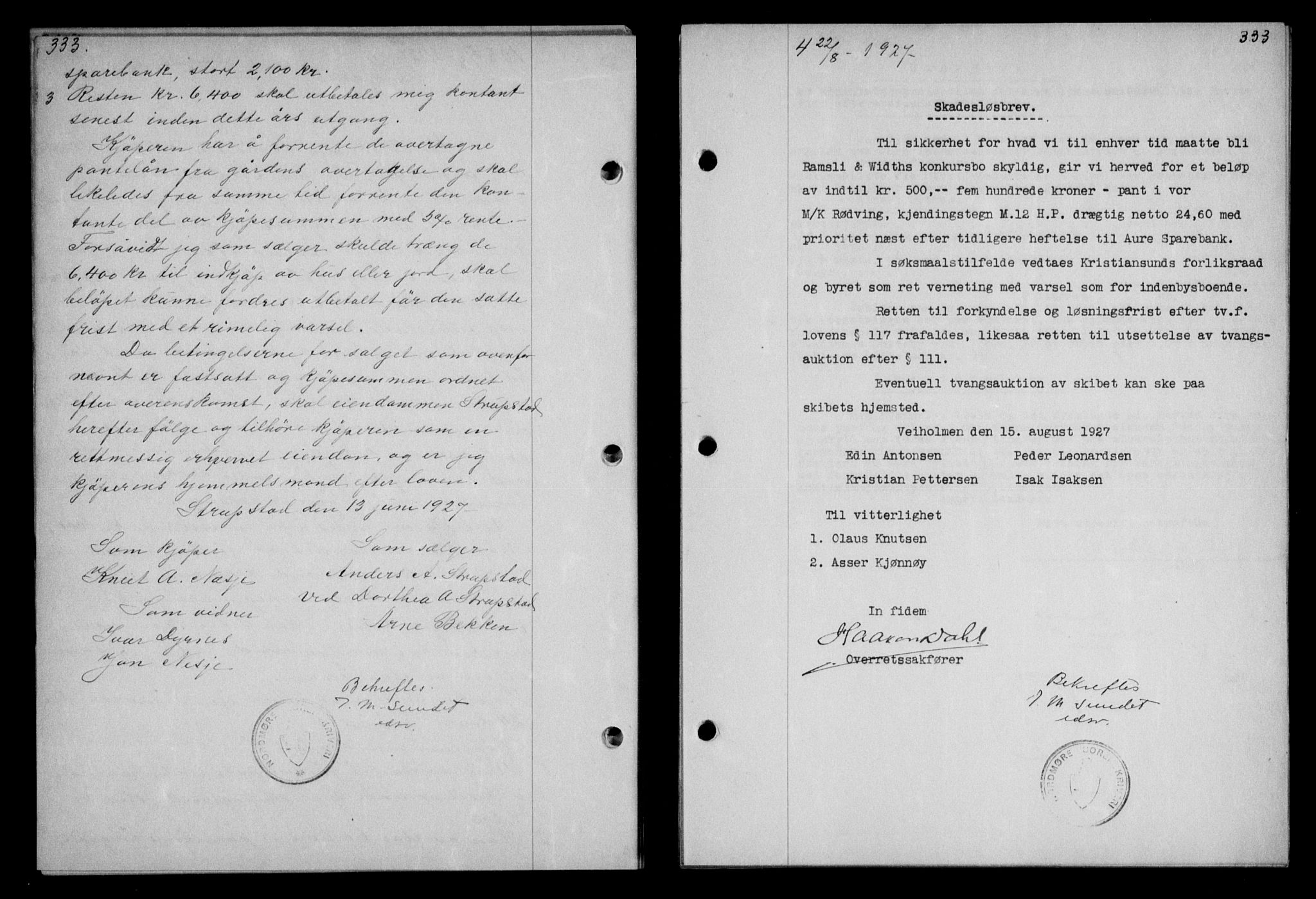 Nordmøre sorenskriveri, AV/SAT-A-4132/1/2/2Ca/L0062: Mortgage book no. 52, 1927-1927, Deed date: 22.08.1927