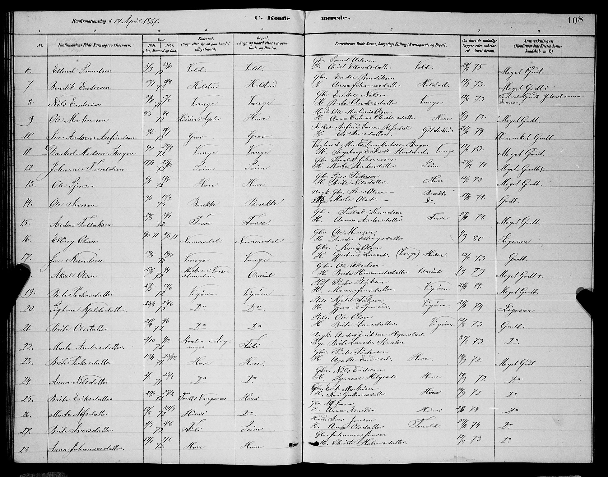 Vik sokneprestembete, SAB/A-81501: Parish register (copy) no. A 3, 1878-1894, p. 108