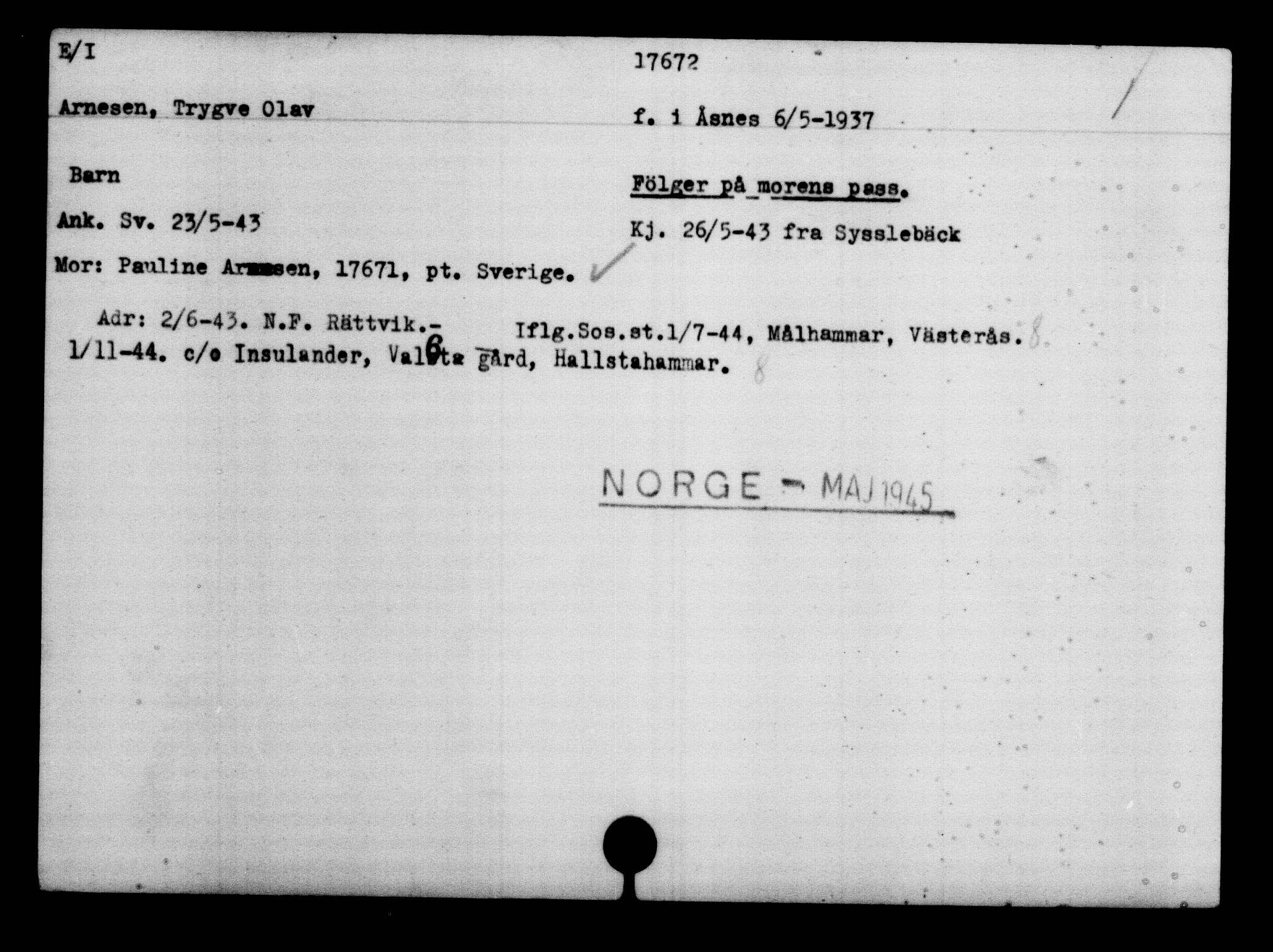 Utenriksstasjonene, Legasjonen i Stockholm, Flyktningkontoret, AV/RA-S-6753/V/Va/L0008: Kjesäterkartoteket, flyktninger med registreringsnr. 15700-18547, 1940-1945, p. 2184