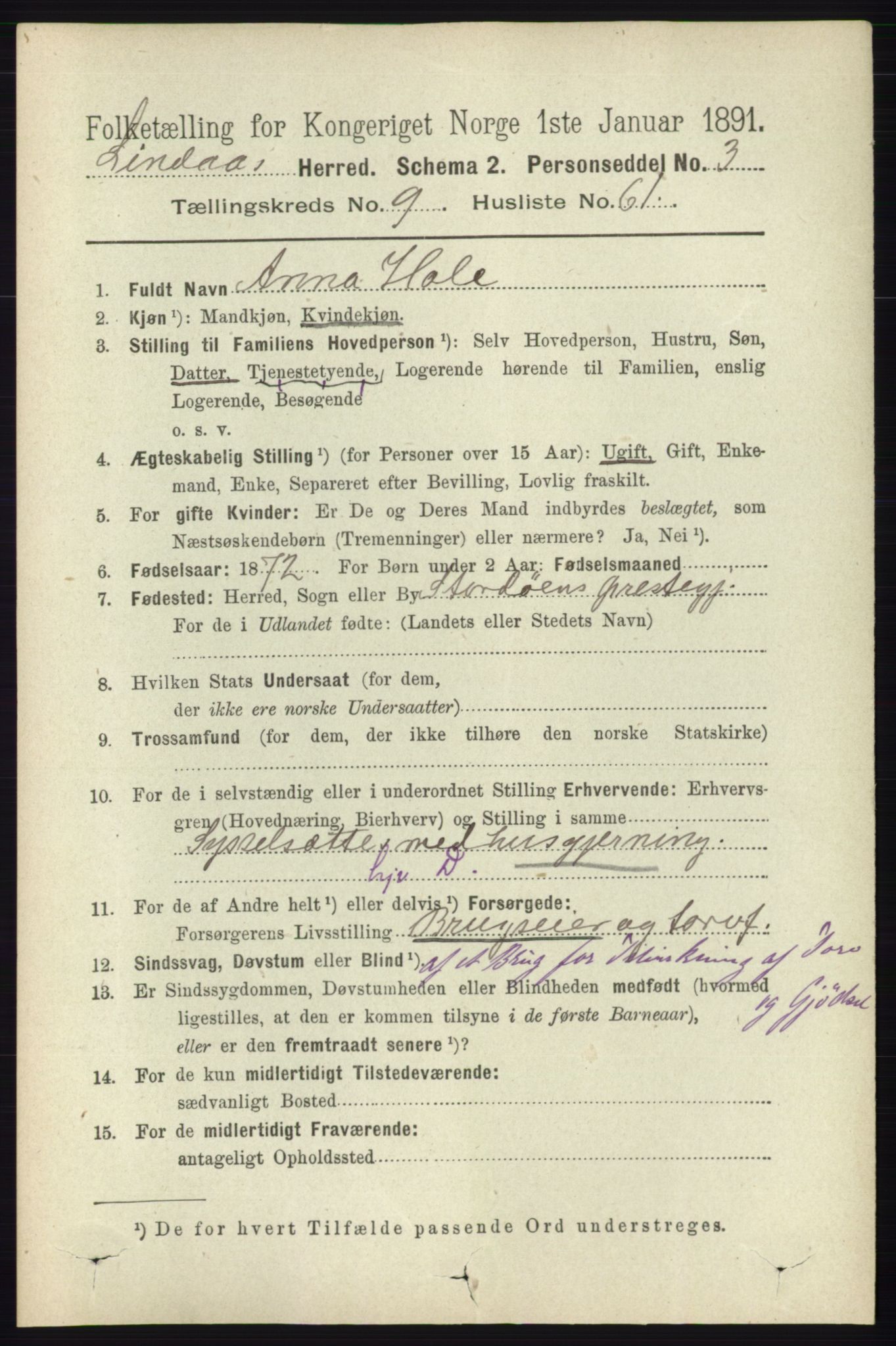 RA, 1891 census for 1263 Lindås, 1891, p. 3369