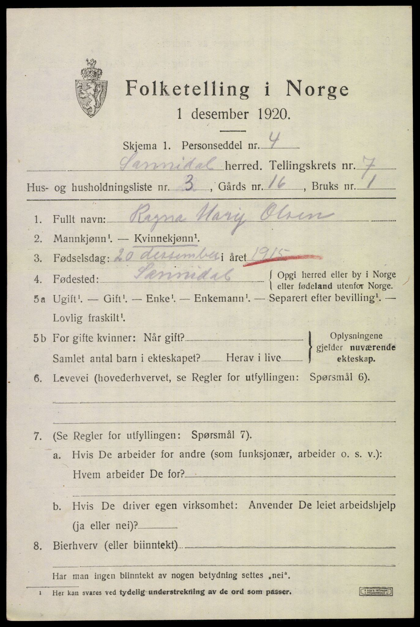 SAKO, 1920 census for Sannidal, 1920, p. 4943