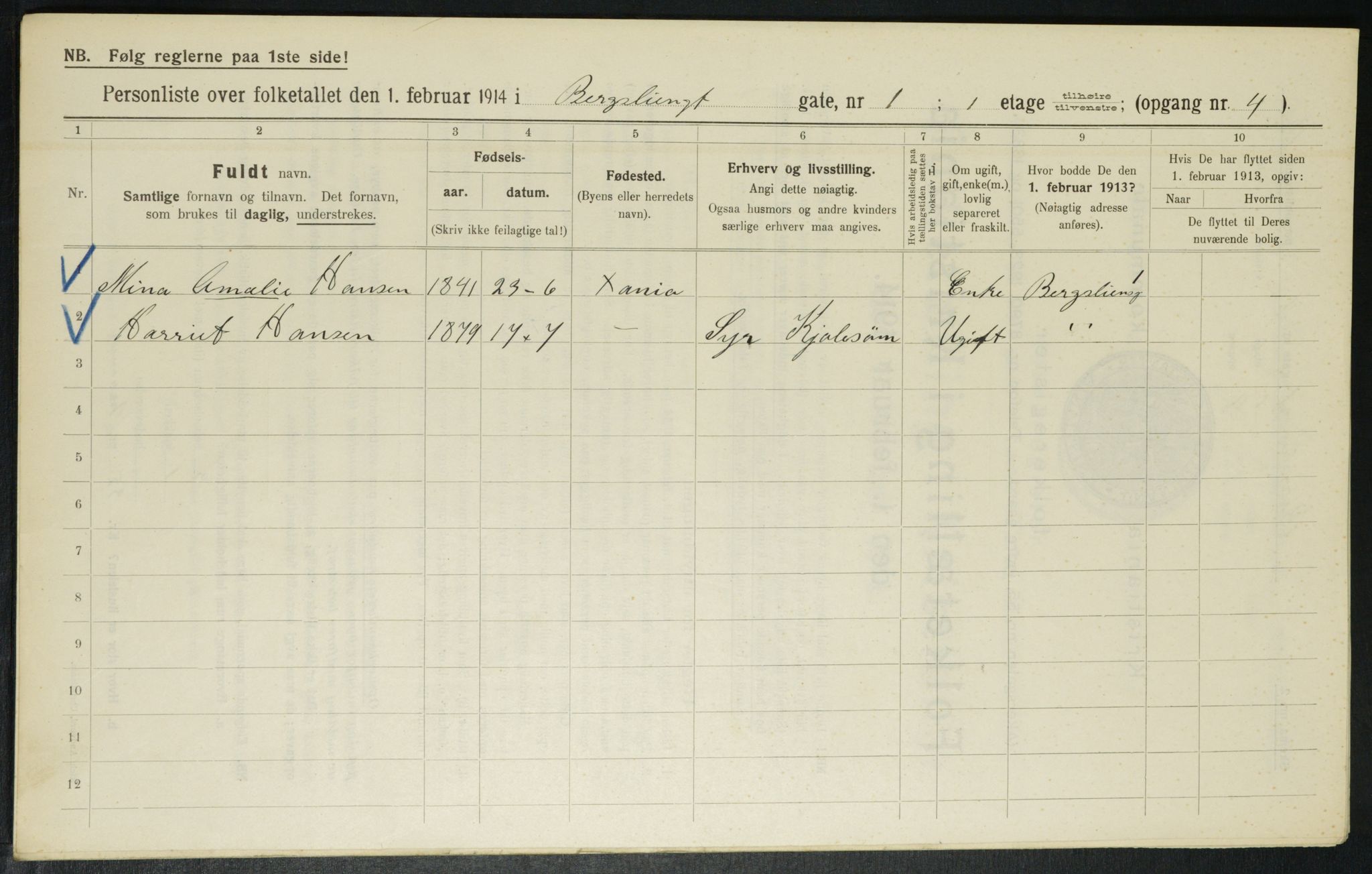 OBA, Municipal Census 1914 for Kristiania, 1914, p. 4014