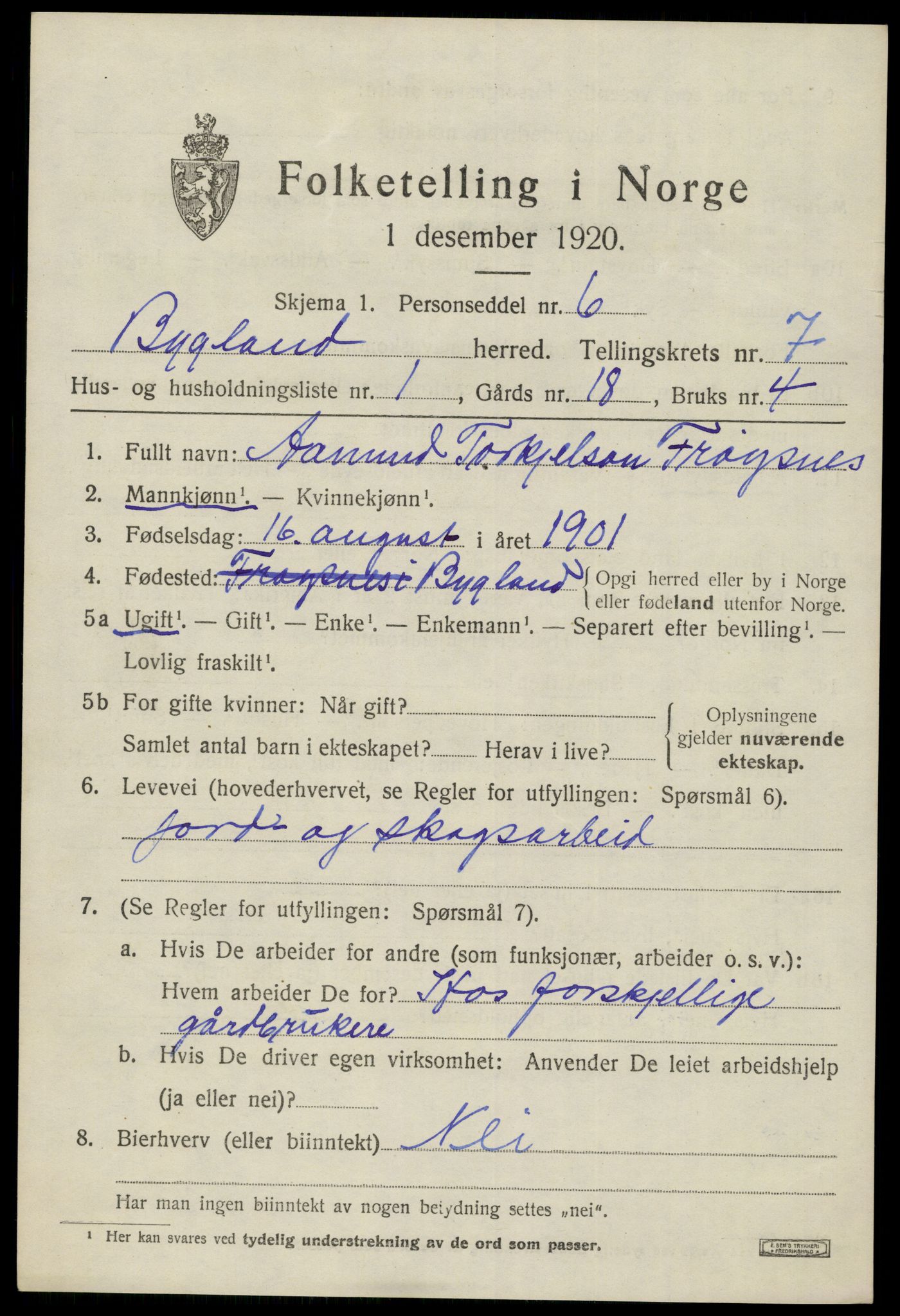 SAK, 1920 census for Bygland, 1920, p. 2629