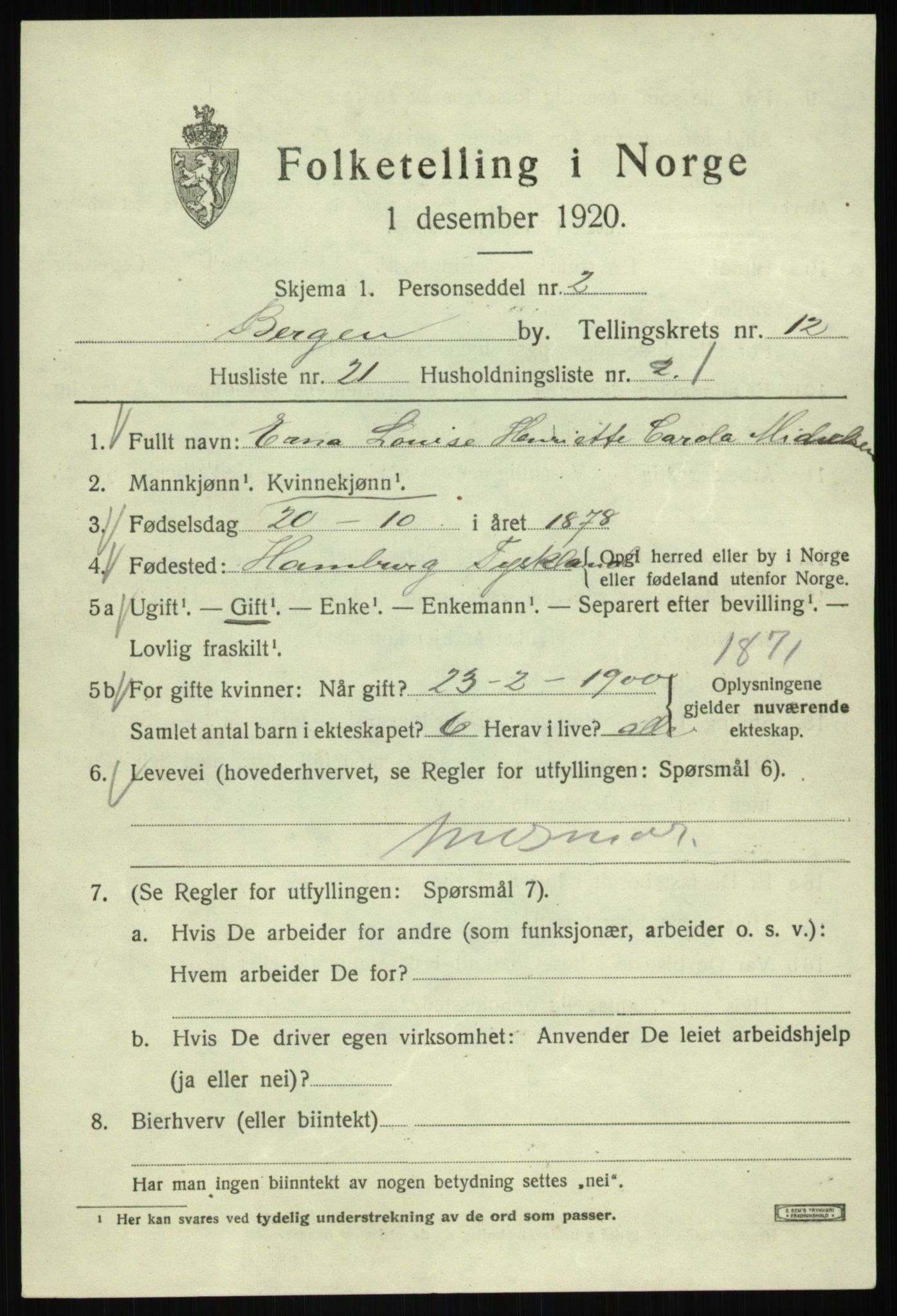 SAB, 1920 census for Bergen, 1920, p. 74284